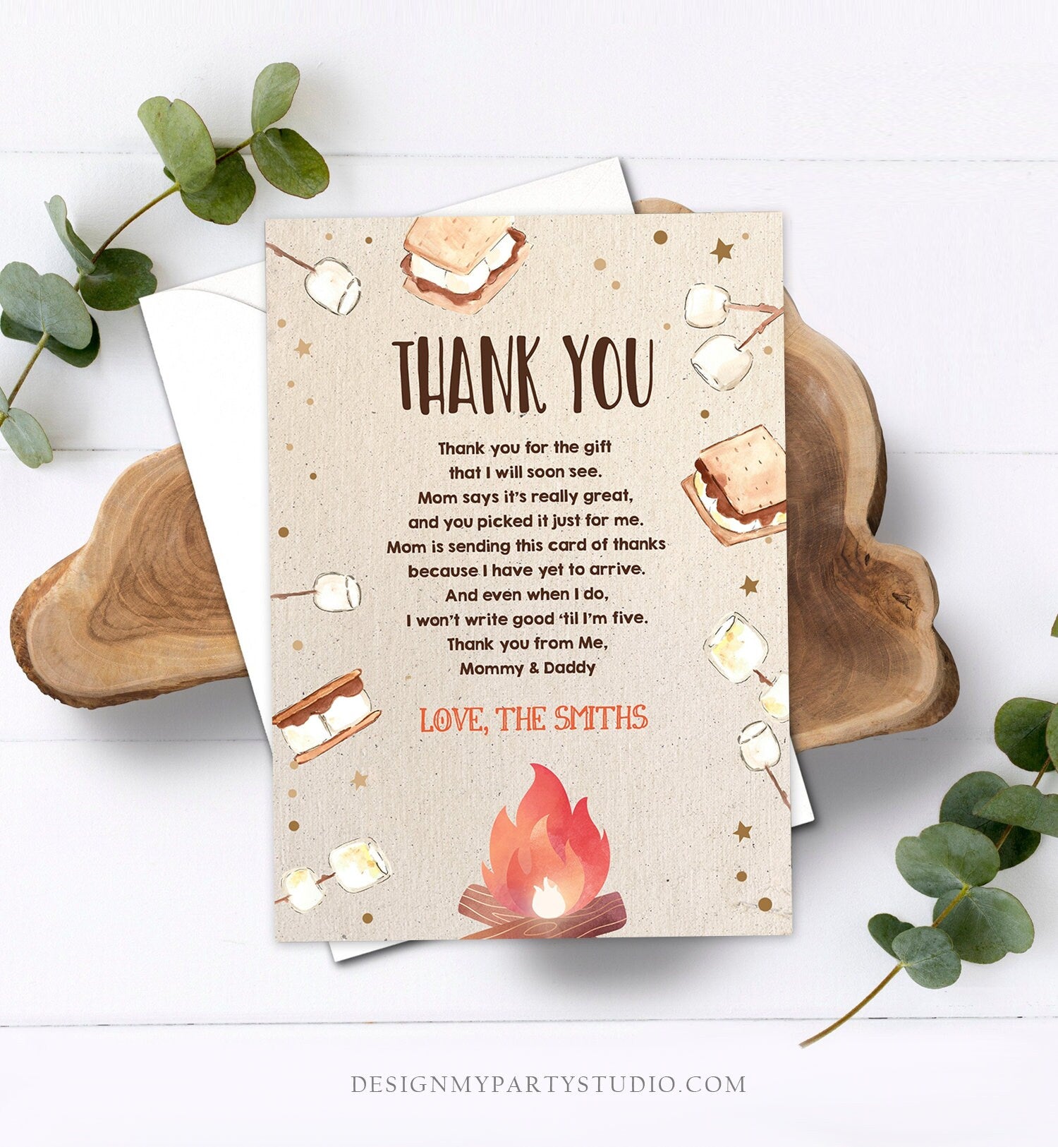 Editable Baby shower Thank you Card S'more fun Smores Thank You Rustic Gender Neutral Fall Autumn Template Instant Download Corjl 0179