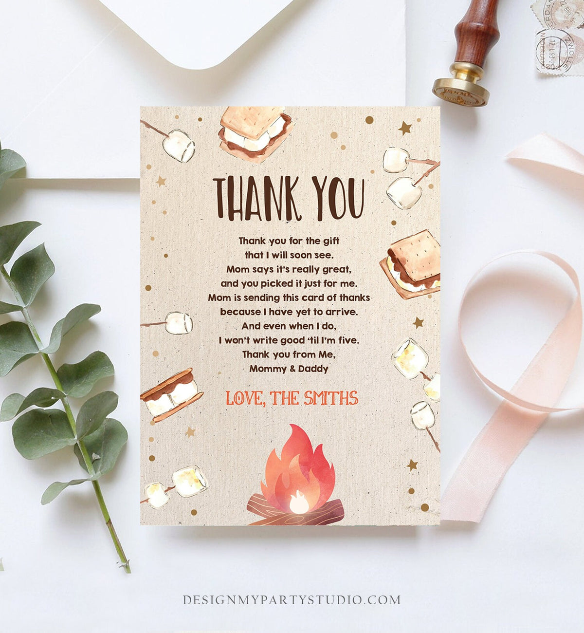 Editable Baby shower Thank you Card S&#39;more fun Smores Thank You Rustic Gender Neutral Fall Autumn Template Instant Download Corjl 0179
