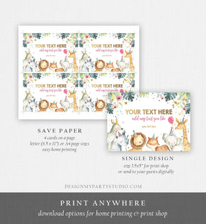 Editable Insert Card Safari Animals Girl Pink and Gold Safari Zoo Birthday Information Card Download Printable Template Digital Corjl 0163