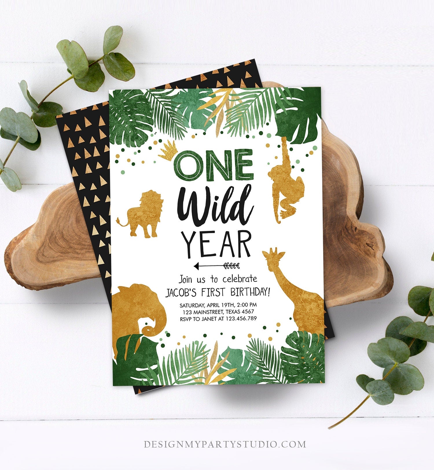 Editable Wild One Birthday Invite Safari Animals Jungle One Wild Year Black Gold First Birthday 1st Download Printable Corjl Template 0016