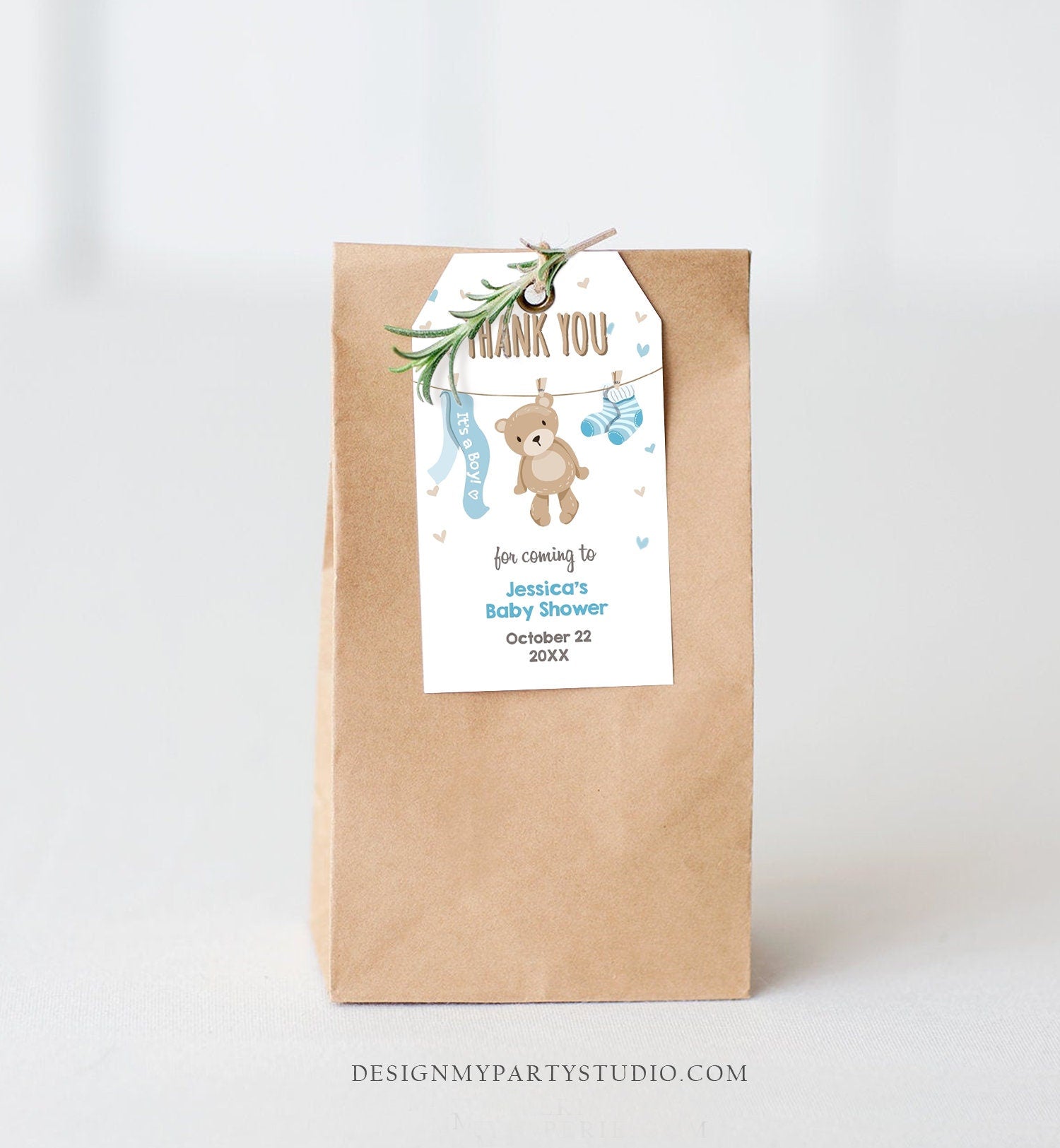 Editable Teddy Bear Baby Shower Favor Tags Bear Baby Shower Thank you Tags Woodland Baby Boy Blue Little Cub Gift Tags Template Corjl 0025