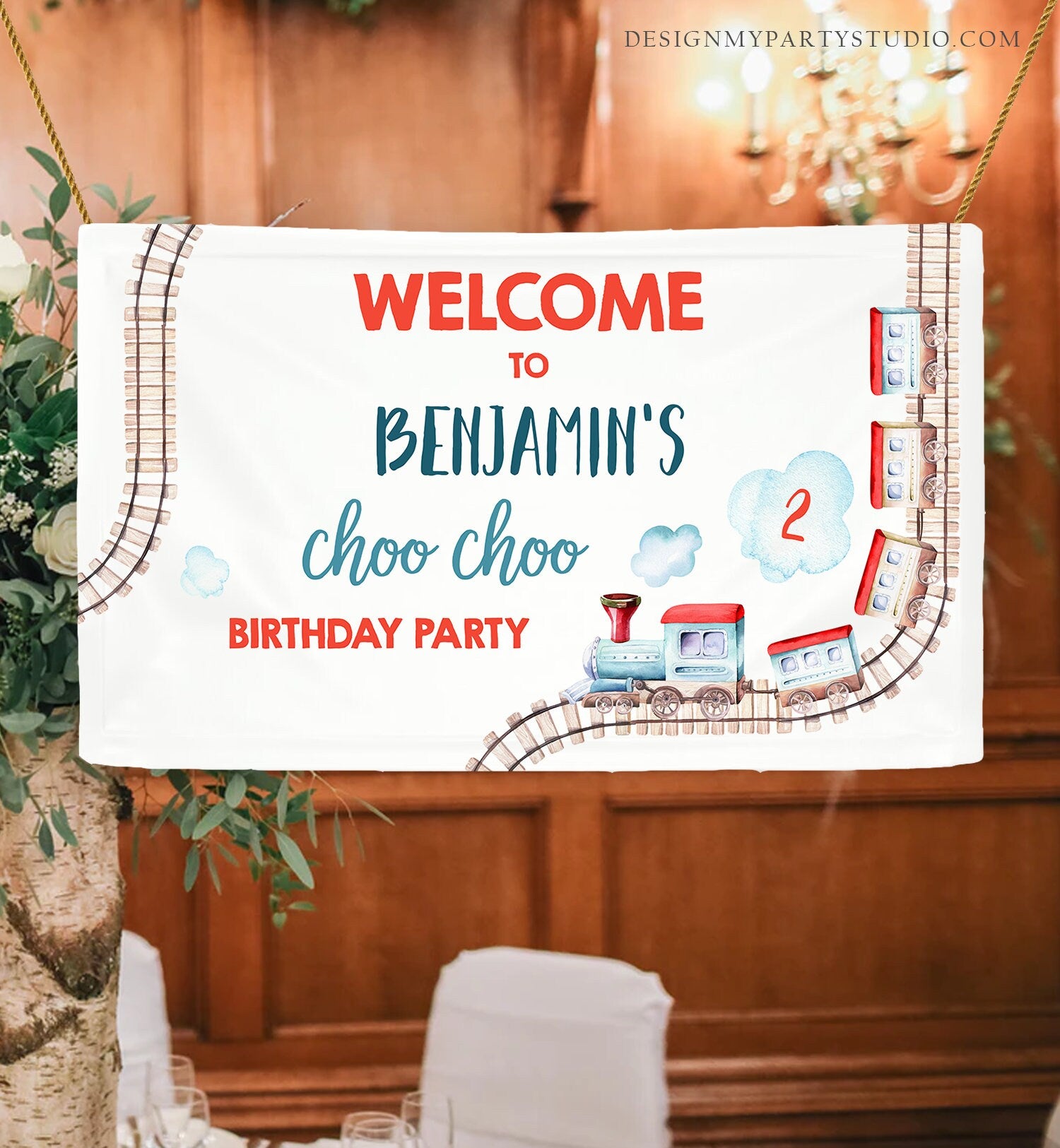 Editable Train Birthday Backdrop Banner Train Party Railroad Vintage Train Welcome Sign Red Blue Boy Download Corjl Template Printable 0149
