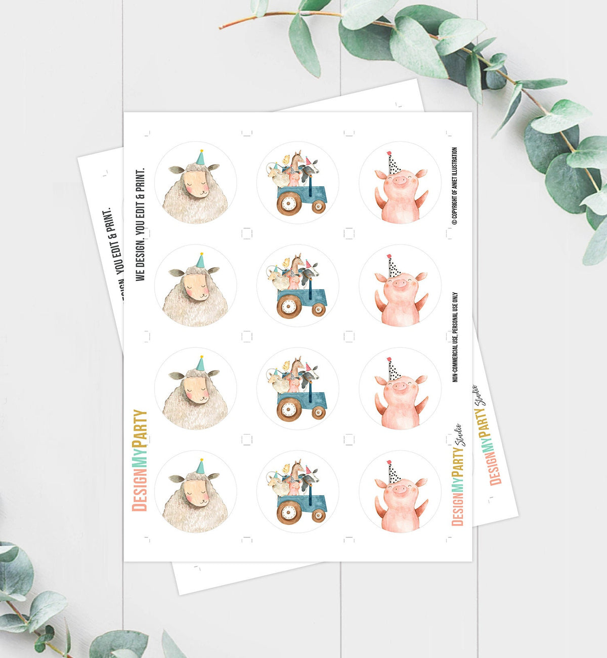 Barnyard Birthday Cupcake Toppers Favor Tags Farm Birthday Party Decor Blue Tractor Farm Animals Stickers Download Digital PRINTABLE 0155