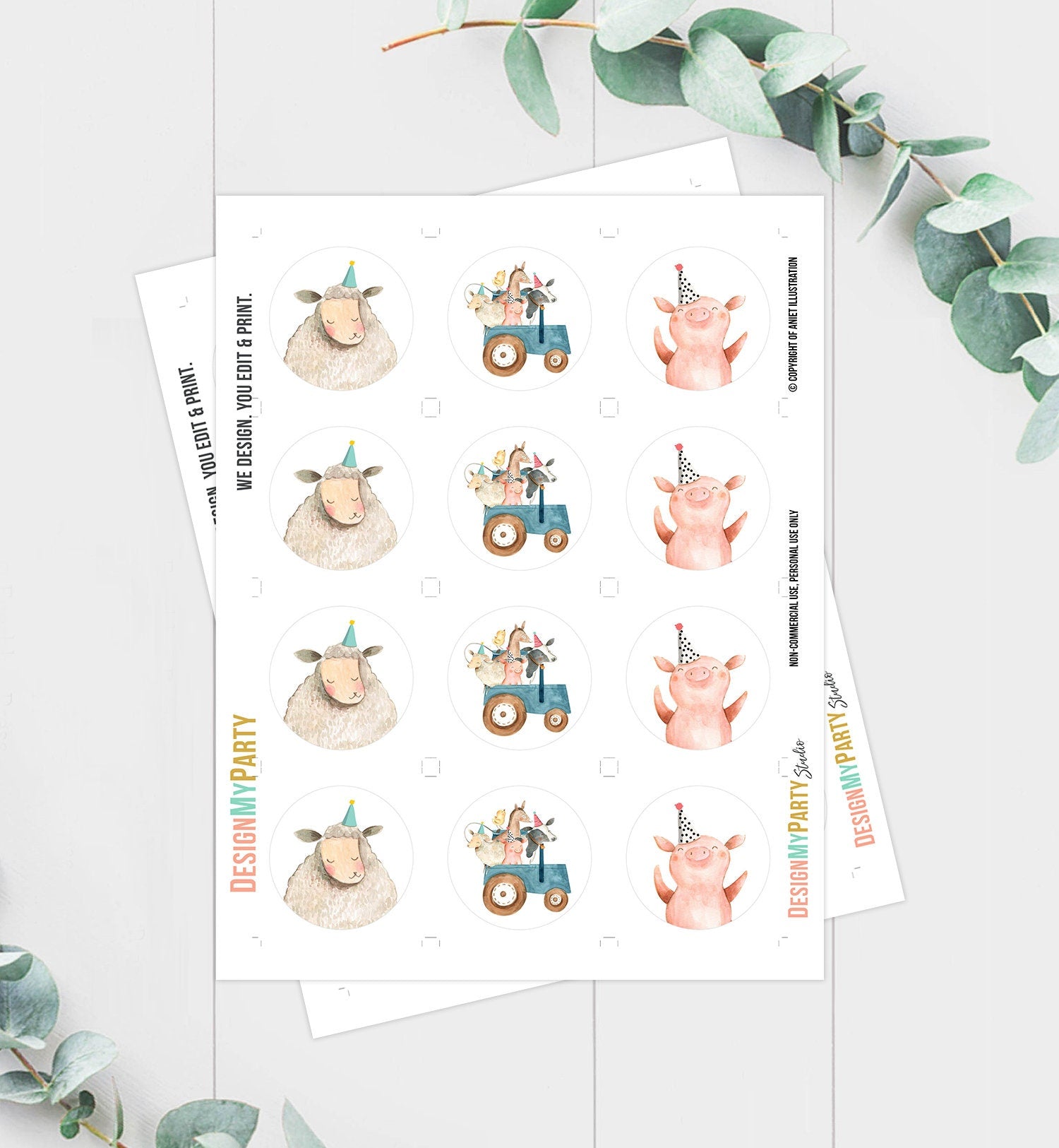 Barnyard Birthday Cupcake Toppers Favor Tags Farm Birthday Party Decor Blue Tractor Farm Animals Stickers Download Digital PRINTABLE 0155