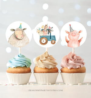 Barnyard Birthday Cupcake Toppers Favor Tags Farm Birthday Party Decor Blue Tractor Farm Animals Stickers Download Digital PRINTABLE 0155