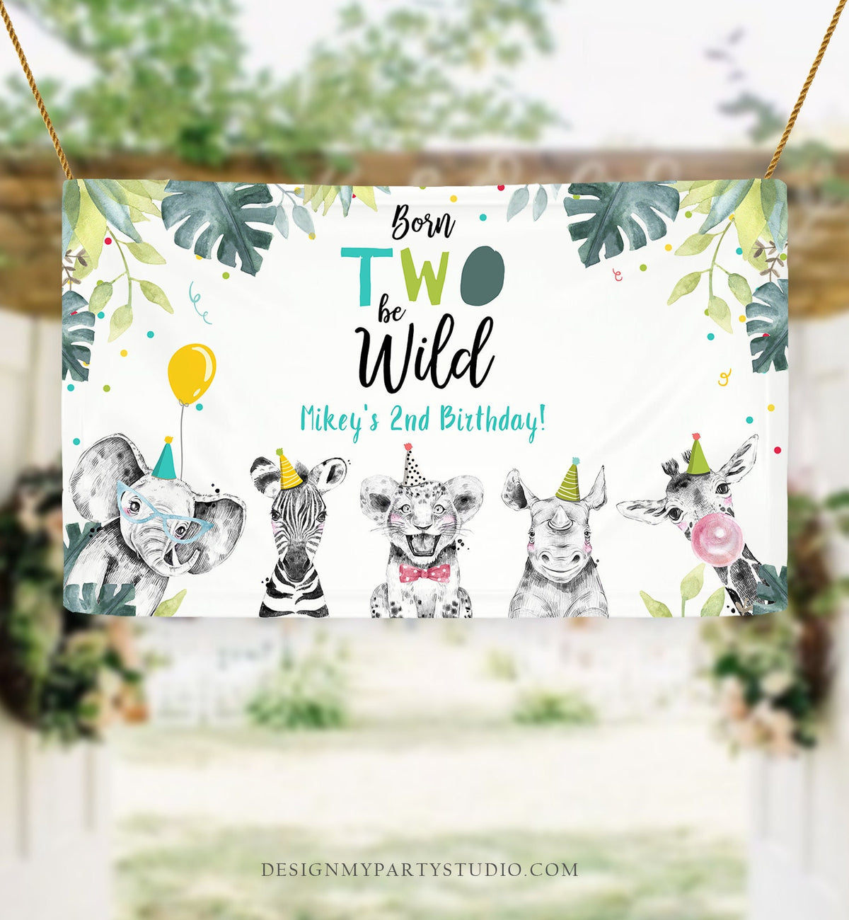 Editable Party Animals Birthday Backdrop Banner Safari Animals Boy Born Two Be Wild Welcome Sign Download Corjl Template Printable 0322