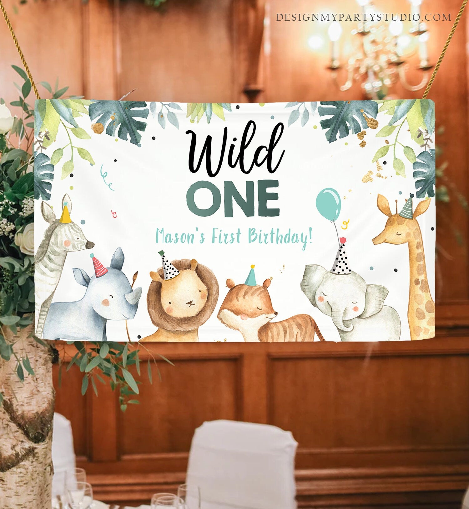 Editable Party Animals Birthday Backdrop Banner Safari Animals Boy Wild One 1st Welcome Sign Digital Download Template Printable 0163
