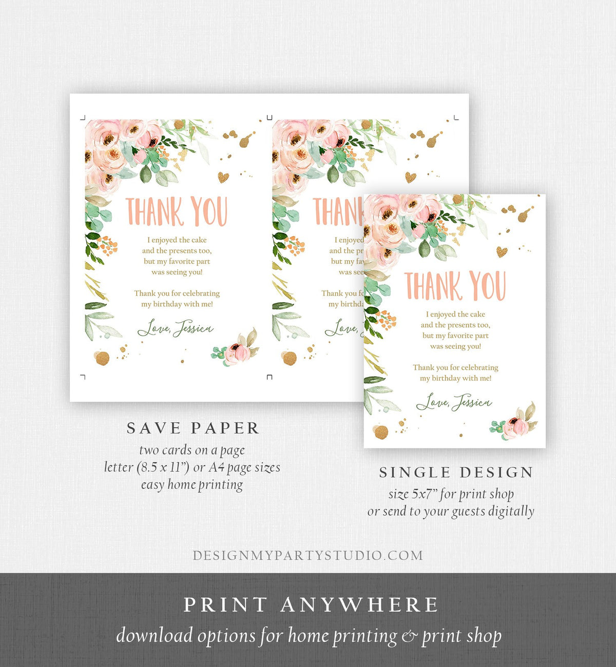 Editable Thank You Card Birthday Thank You Note Miss Onederful Pink Mint Gold Floral Boho Flowers Digital Download Template Printable 0147