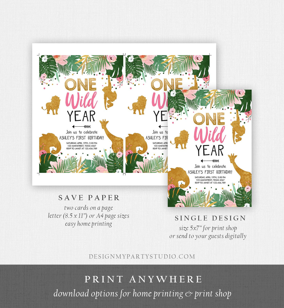Editable One Wild Year Birthday Invitation Safari Animals Wild One Pink First Birthday Party Animals Digital Template Printable 0016