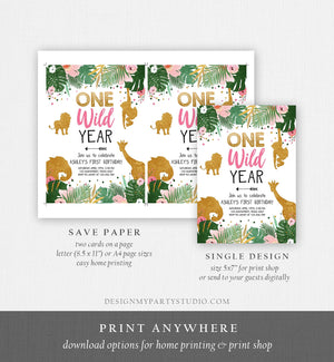 Editable Wild One Birthday Invite Safari Animals Jungle One Wild Year Pink Gold First Birthday 1st Download Printable Corjl Template 0016