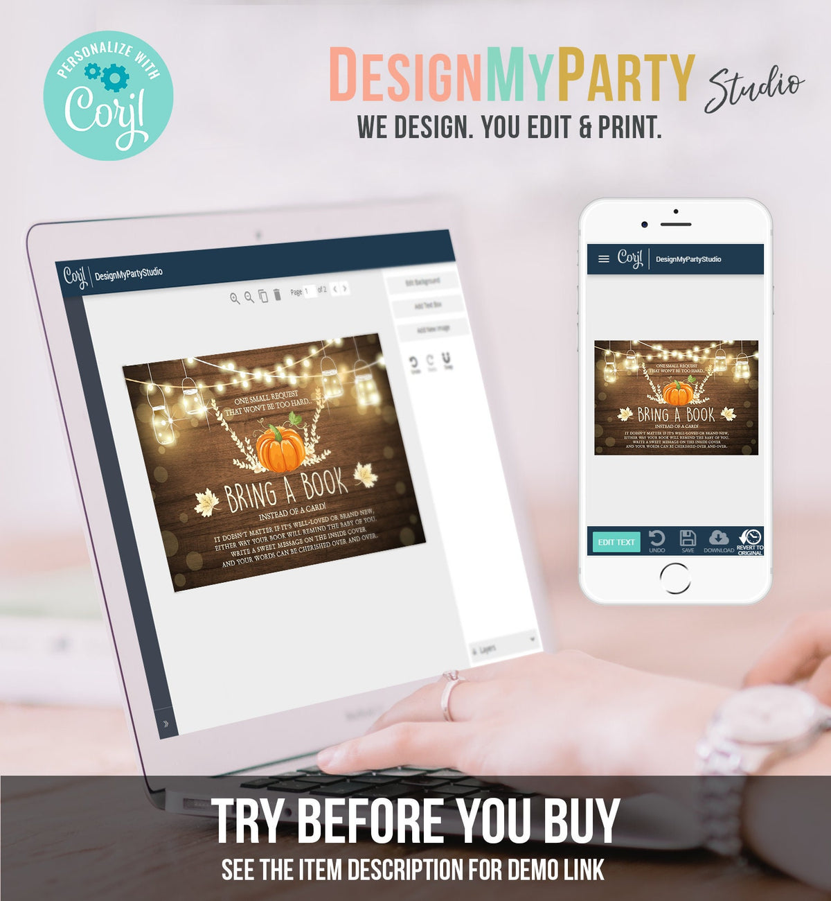 Editable Little Pumpkin Bring a Book Card Baby Shower Books for Baby Orange Pumpkin Rustic Autumn Book Insert Corjl Template Printable 0015