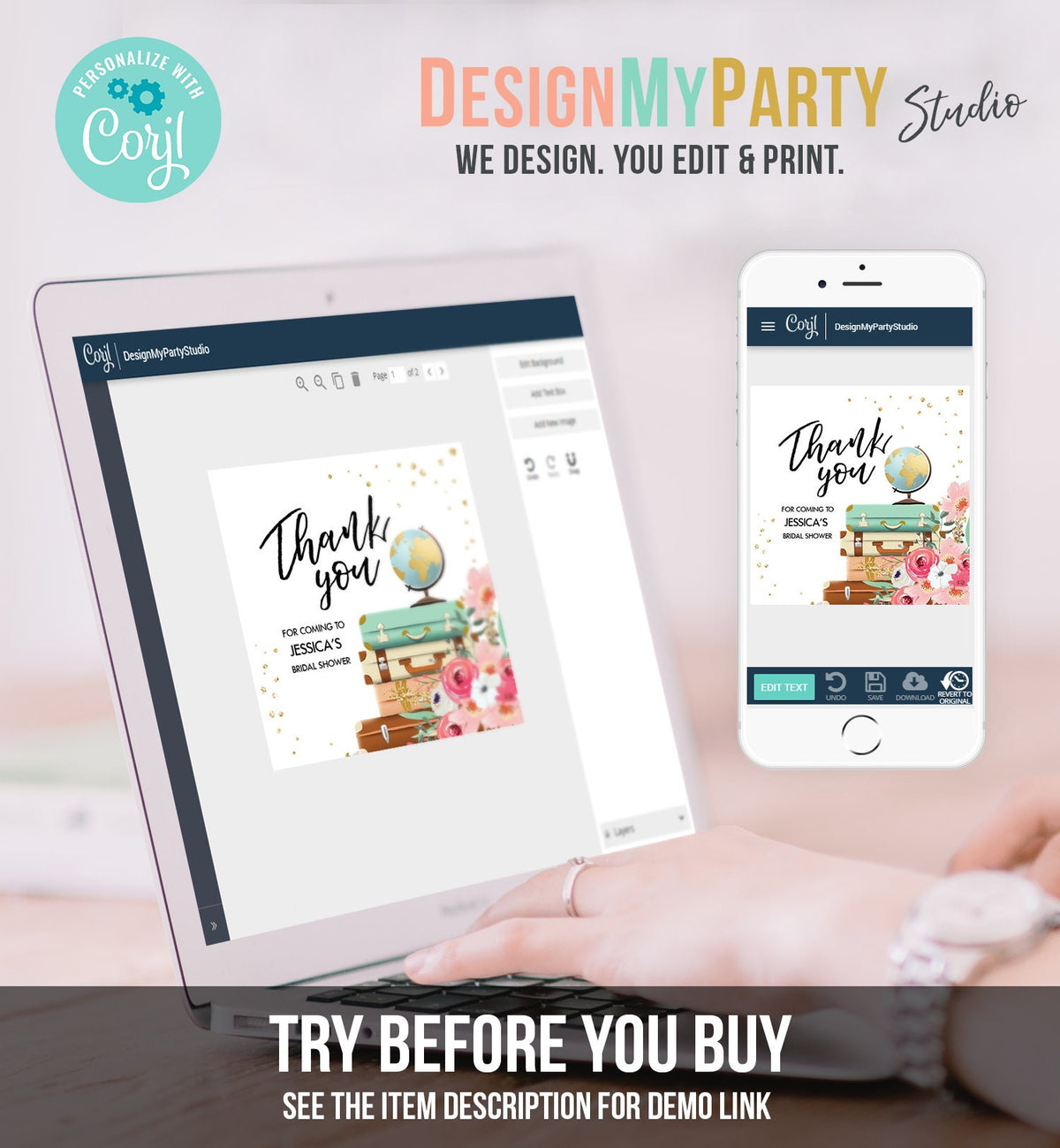 Editable Travel Thank You Tag Travel Adventure Bridal Shower Favor Label Round Stickers Pink Floral Digital Download Template Printable 0030