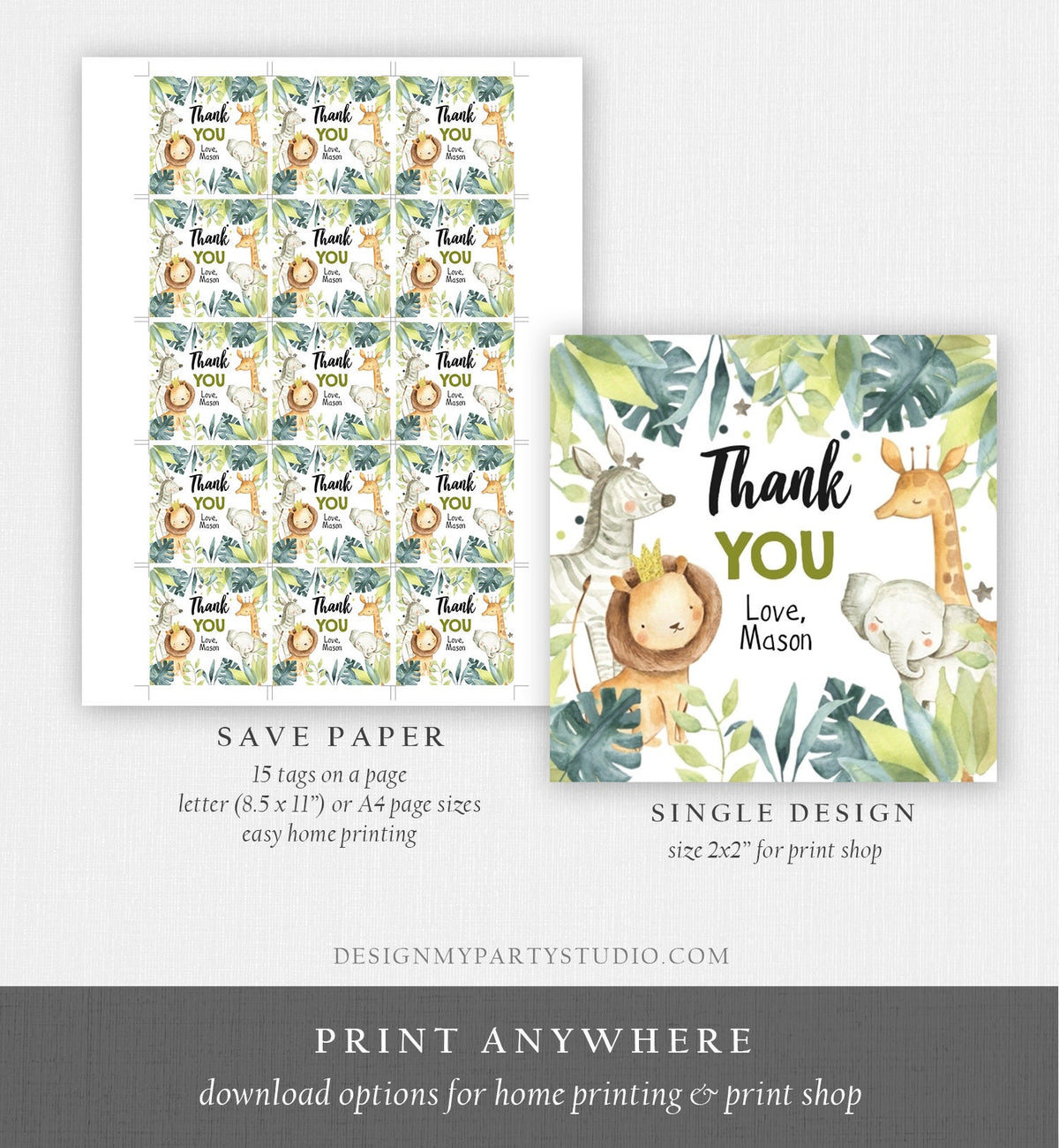 Editable Safari Thank you Tags Wild One Stickers Jungle Green Gold Animals Gift Tag Boy Zoo Safari Favor Tags Lion Template Printable 0163