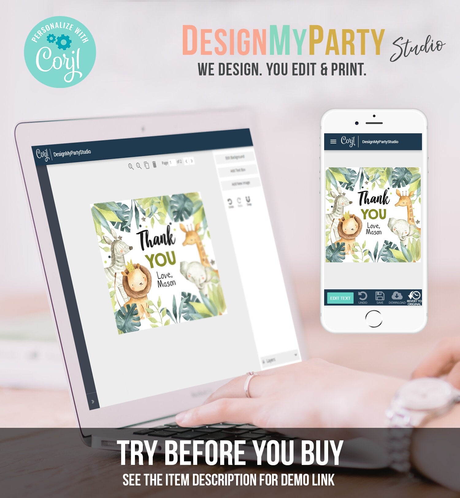 Editable Safari Thank you Tags Wild One Stickers Jungle Green Gold Animals Gift Tag Boy Zoo Safari Favor Tags Lion Template Printable 0163