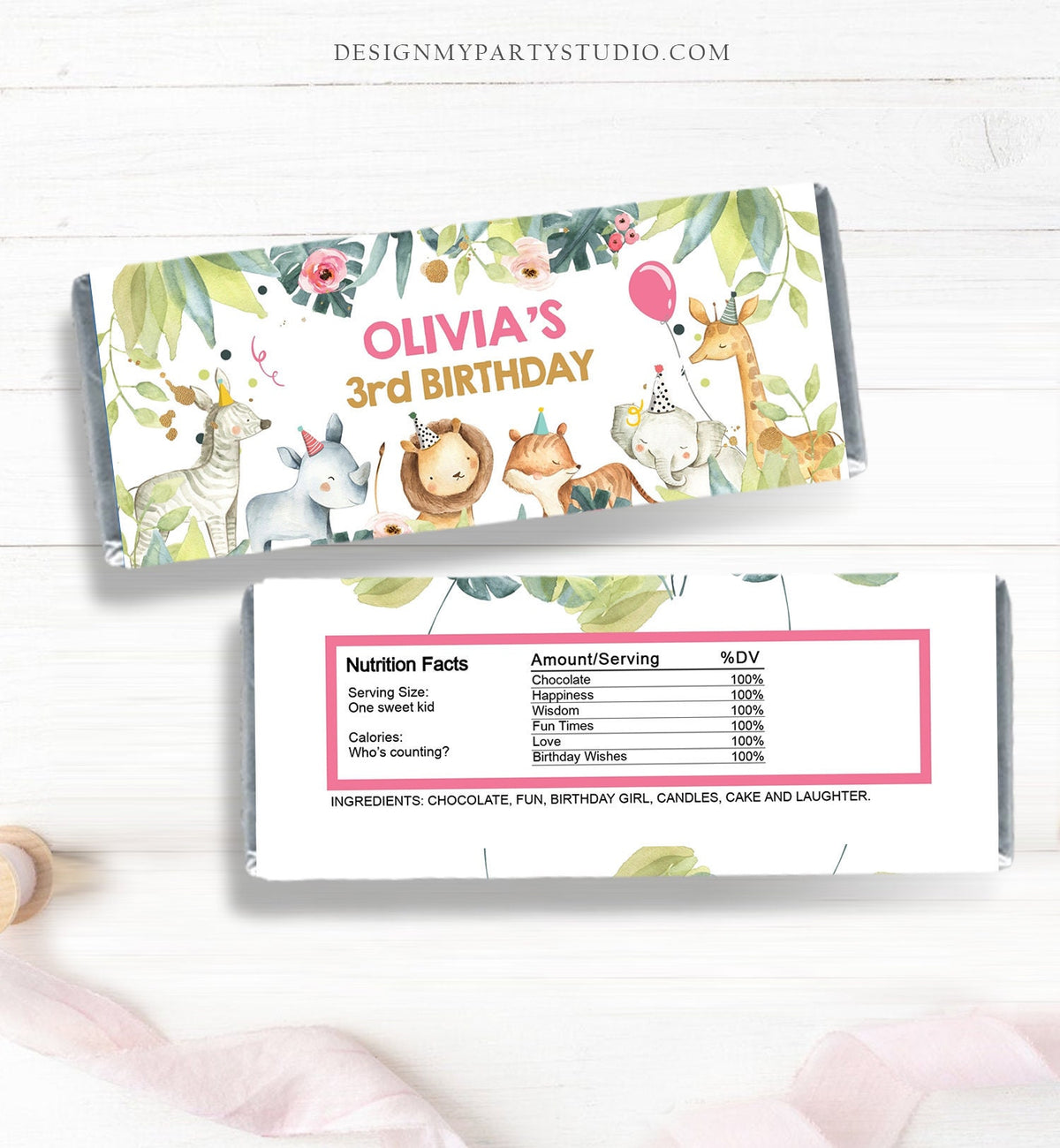 Editable Candy Bar Wrapper Party Animals Birthday Candy Bar Wrapper 1st Birthday Favors Jungle Safari Girl Template PRINTABLE Corjl 0163
