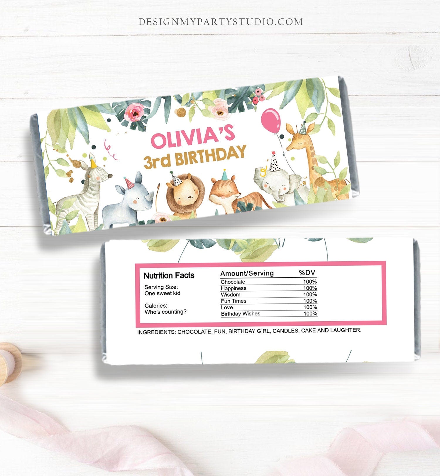Editable Candy Bar Wrapper Party Animals Birthday Candy Bar Wrapper 1st Birthday Favors Jungle Safari Girl Template PRINTABLE Corjl 0163