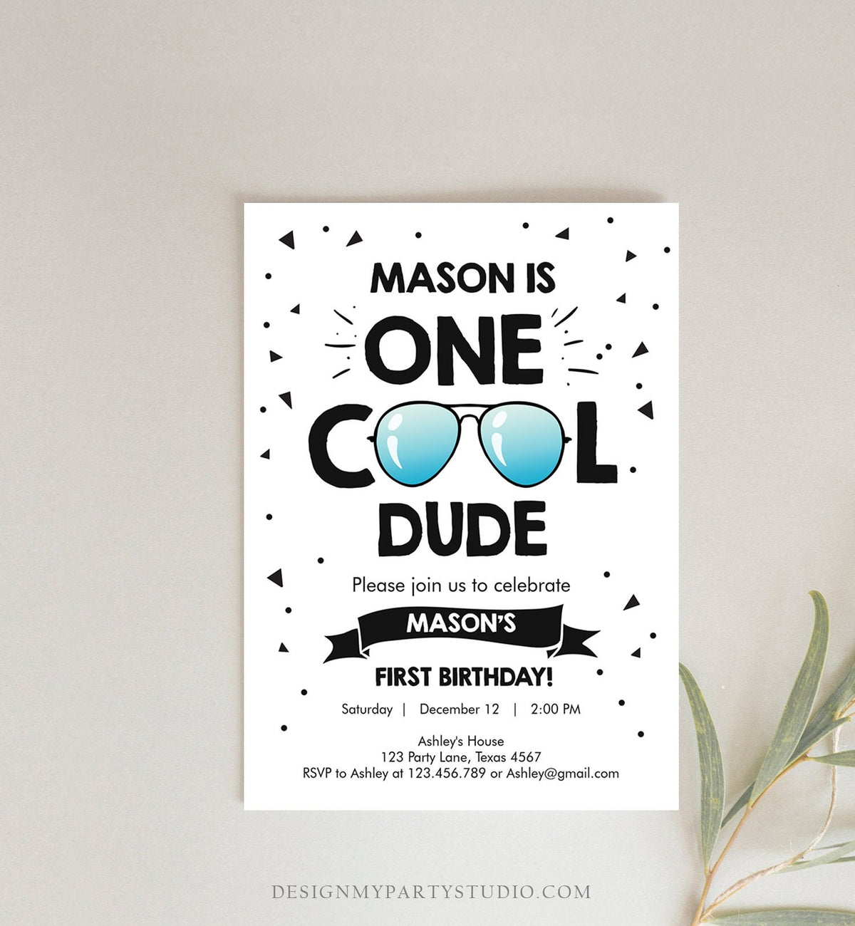 Editable One Cool Dude 1st Birthday Invitation Boy First Birthday Party Sunglasses Pilot Pool Cool One Printable Corjl Template 0136