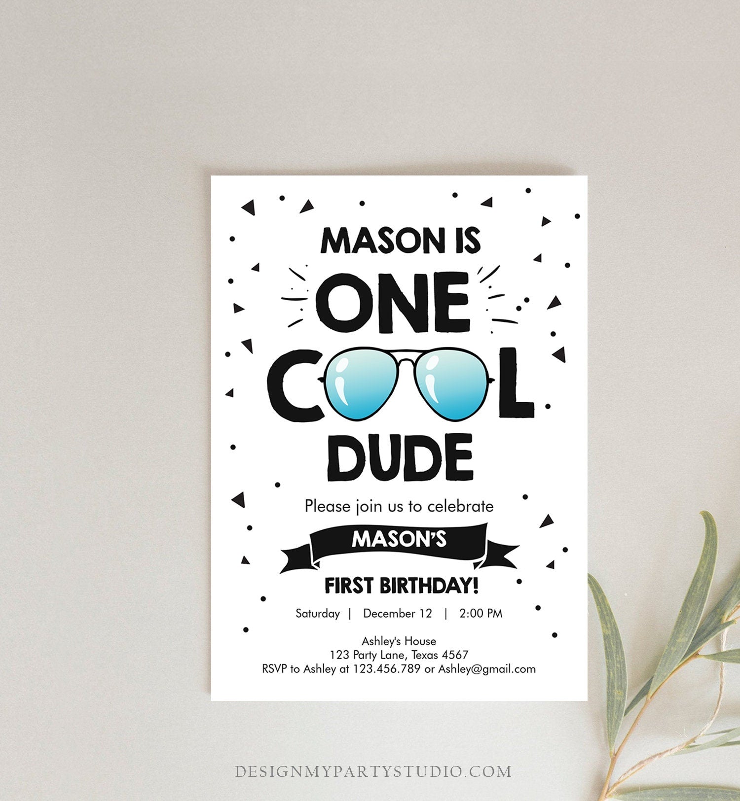 Editable One Cool Dude 1st Birthday Invitation Boy First Birthday Party Sunglasses Pilot Pool Cool One Printable Corjl Template 0136