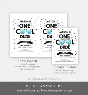 Editable One Cool Dude 1st Birthday Invitation Boy First Birthday Party Sunglasses Pilot Pool Cool One Printable Corjl Template 0136