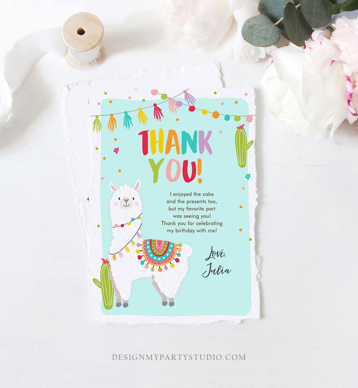 Editable Whole Llama Fun Thank You Card Llama Alpaca Birthday Cactus Girl Blue Fiesta Mexican Party Download Printable Corjl Template 0079