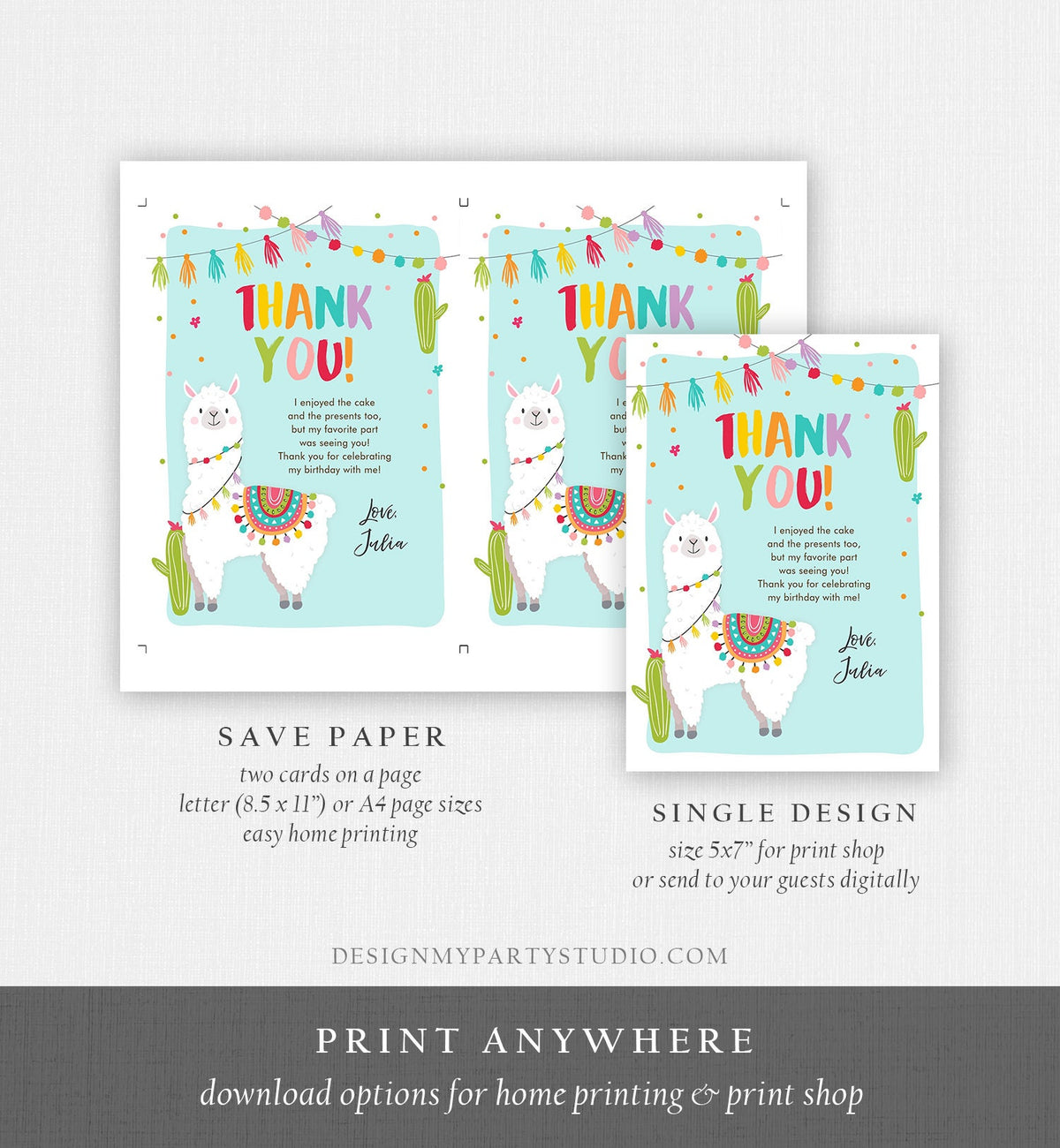 Editable Whole Llama Fun Thank You Card Llama Alpaca Birthday Cactus Girl Blue Fiesta Mexican Party Download Printable Corjl Template 0079