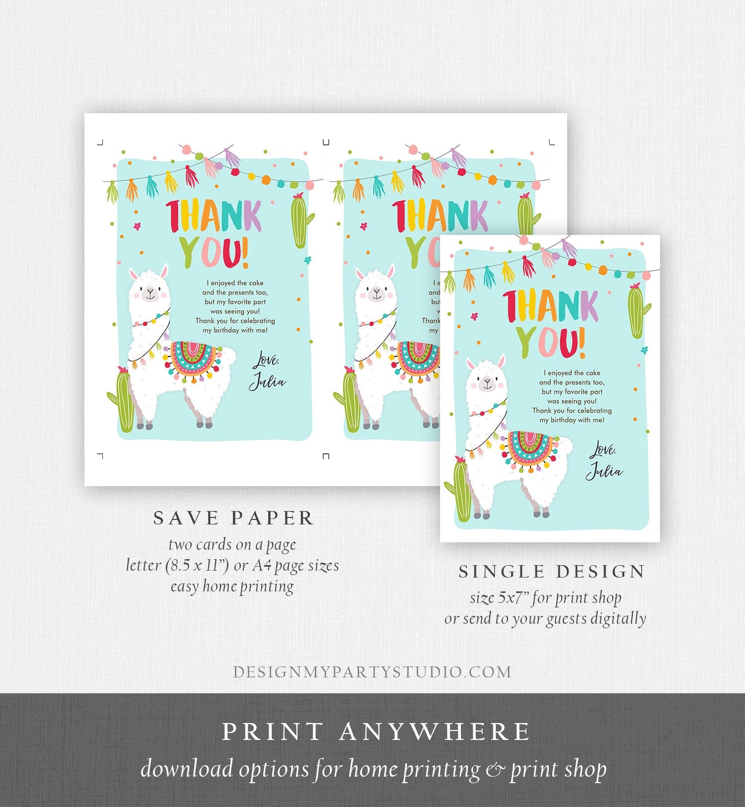 Editable Whole Llama Fun Thank You Card Llama Alpaca Birthday Cactus Girl Blue Fiesta Mexican Party Download Printable Corjl Template 0079