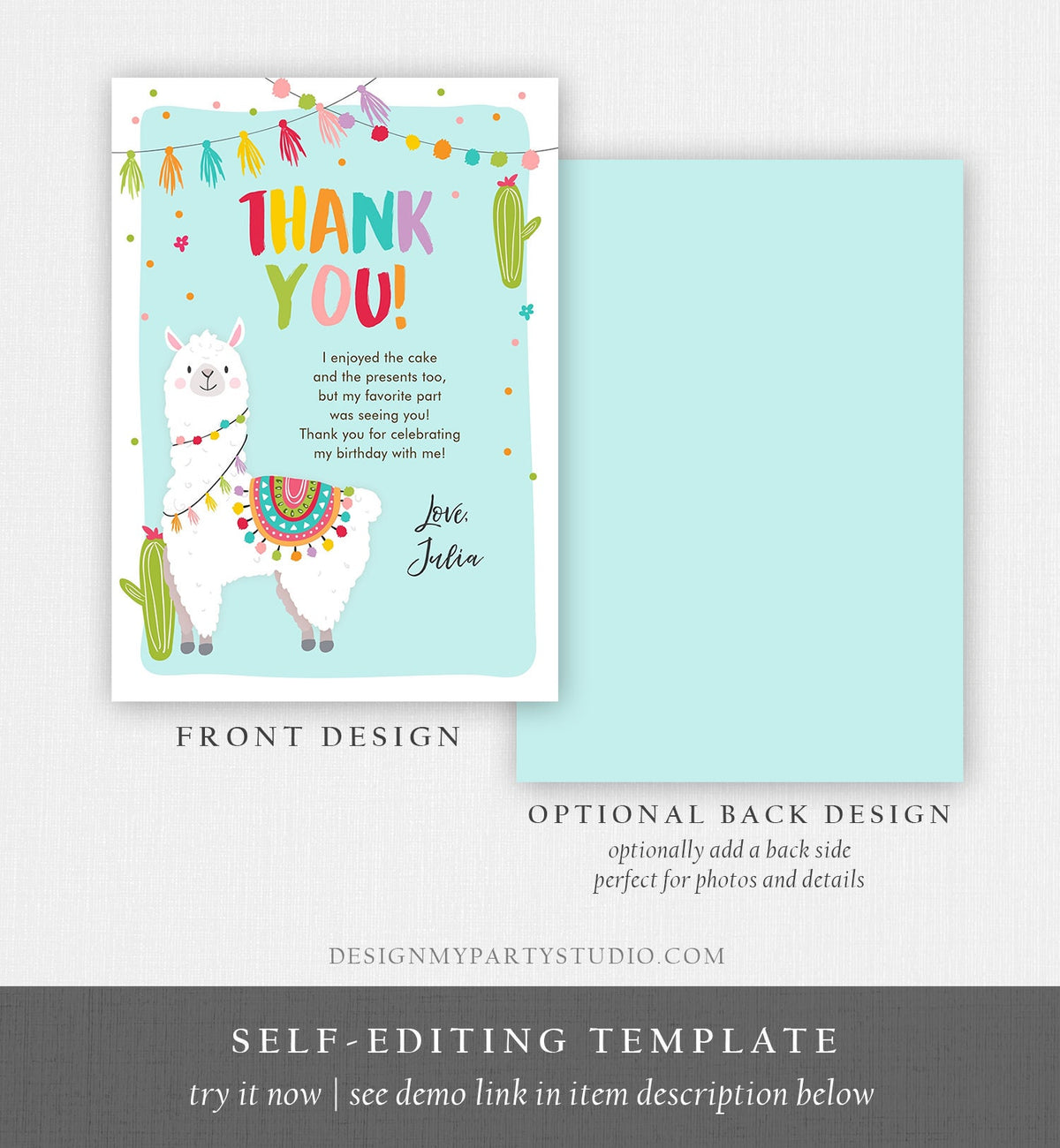 Editable Whole Llama Fun Thank You Card Llama Alpaca Birthday Cactus Girl Blue Fiesta Mexican Party Download Printable Corjl Template 0079