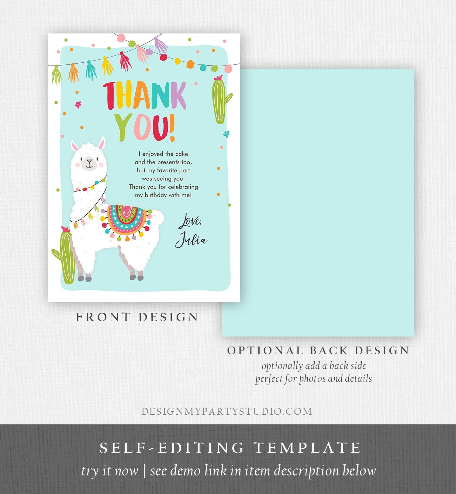 Editable Whole Llama Fun Thank You Card Llama Alpaca Birthday Cactus Girl Blue Fiesta Mexican Party Download Printable Corjl Template 0079
