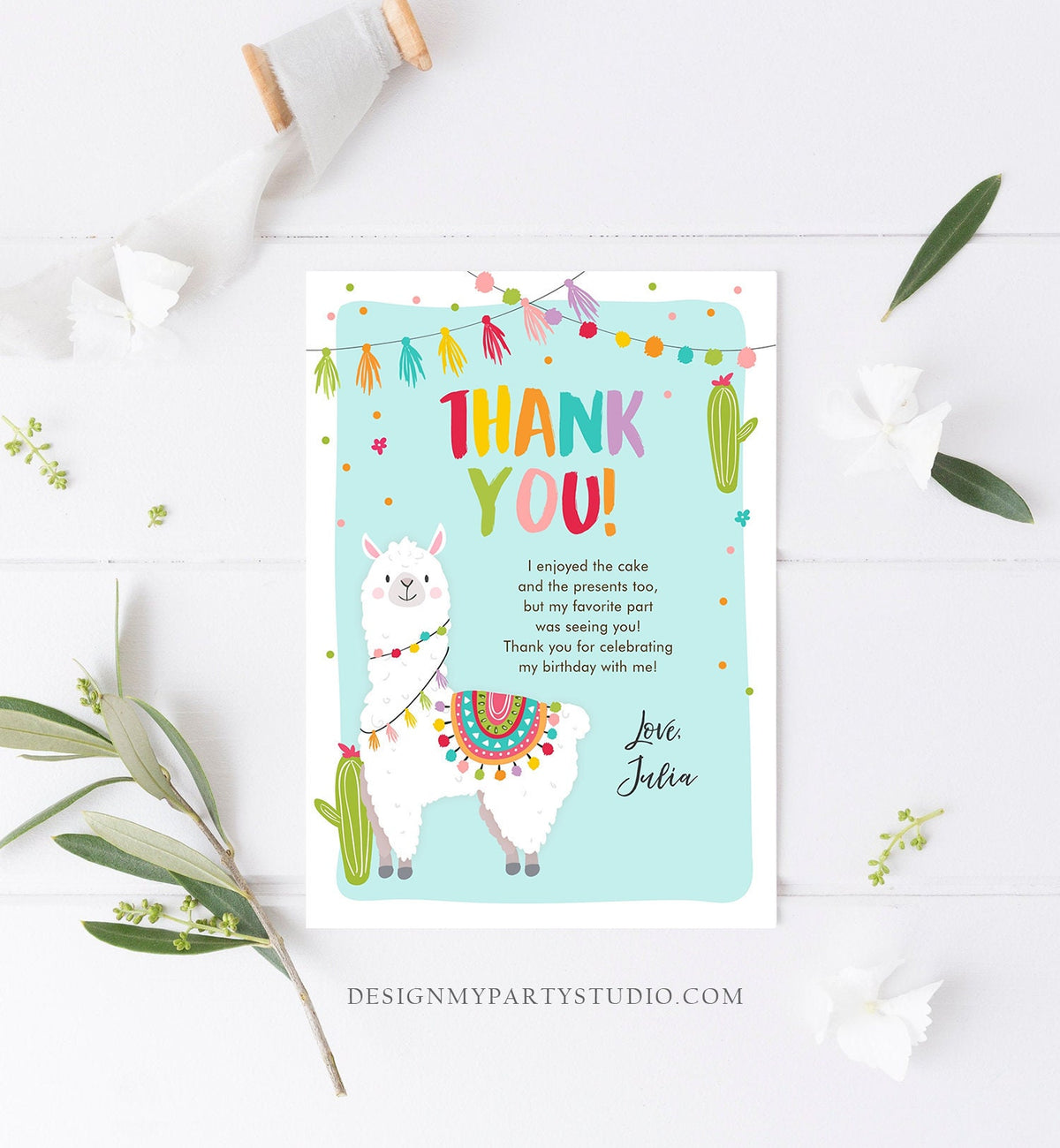 Editable Whole Llama Fun Thank You Card Llama Alpaca Birthday Cactus Girl Blue Fiesta Mexican Party Download Printable Corjl Template 0079