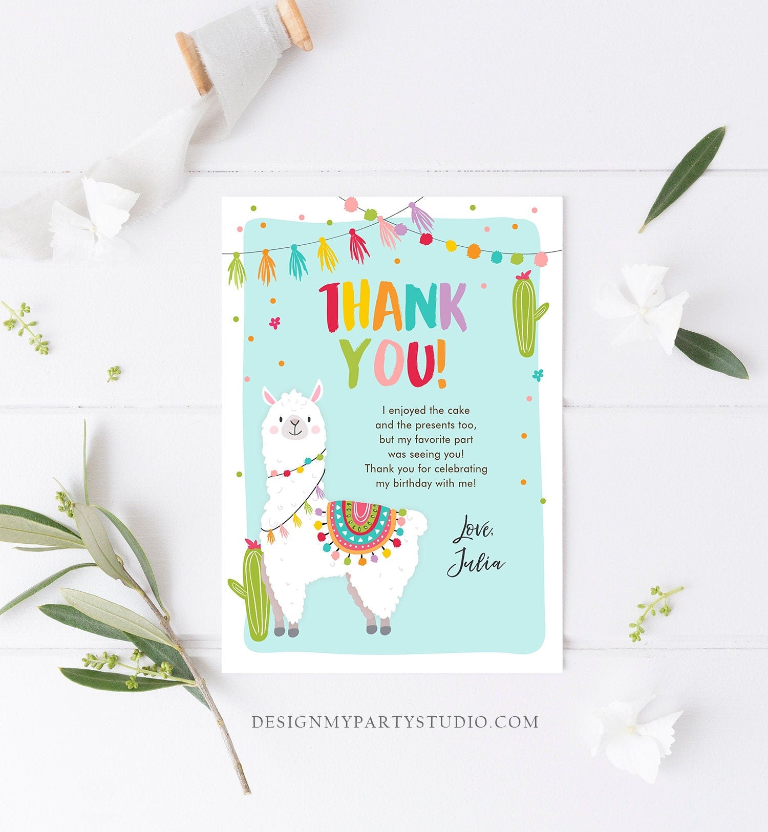 Editable Whole Llama Fun Thank You Card Llama Alpaca Birthday Cactus Girl Blue Fiesta Mexican Party Download Printable Corjl Template 0079