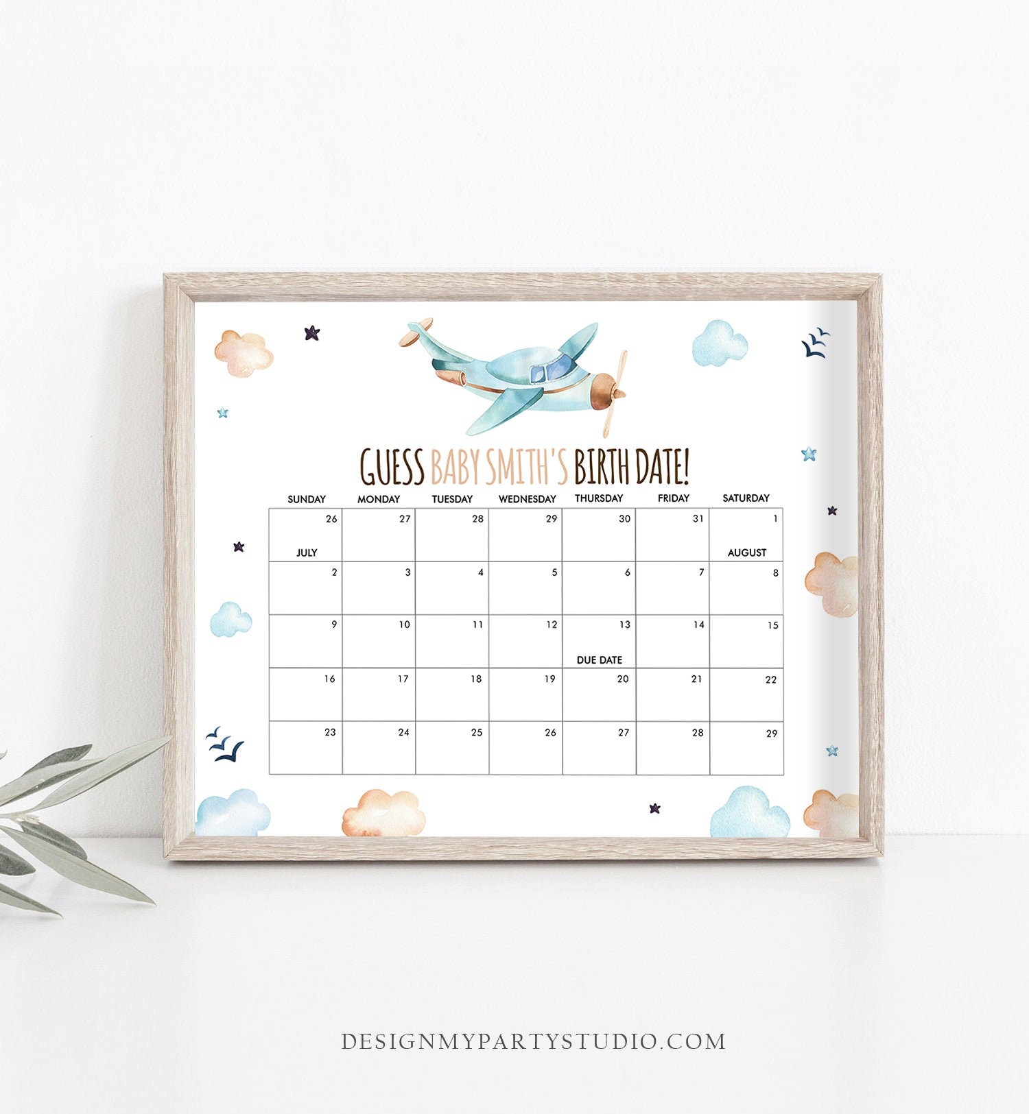 Editable Guess the Birth Date Baby Shower Game Guess Birthday Vintage Airplane Blue Travel Adventure Shower Corjl Template Printable 0185