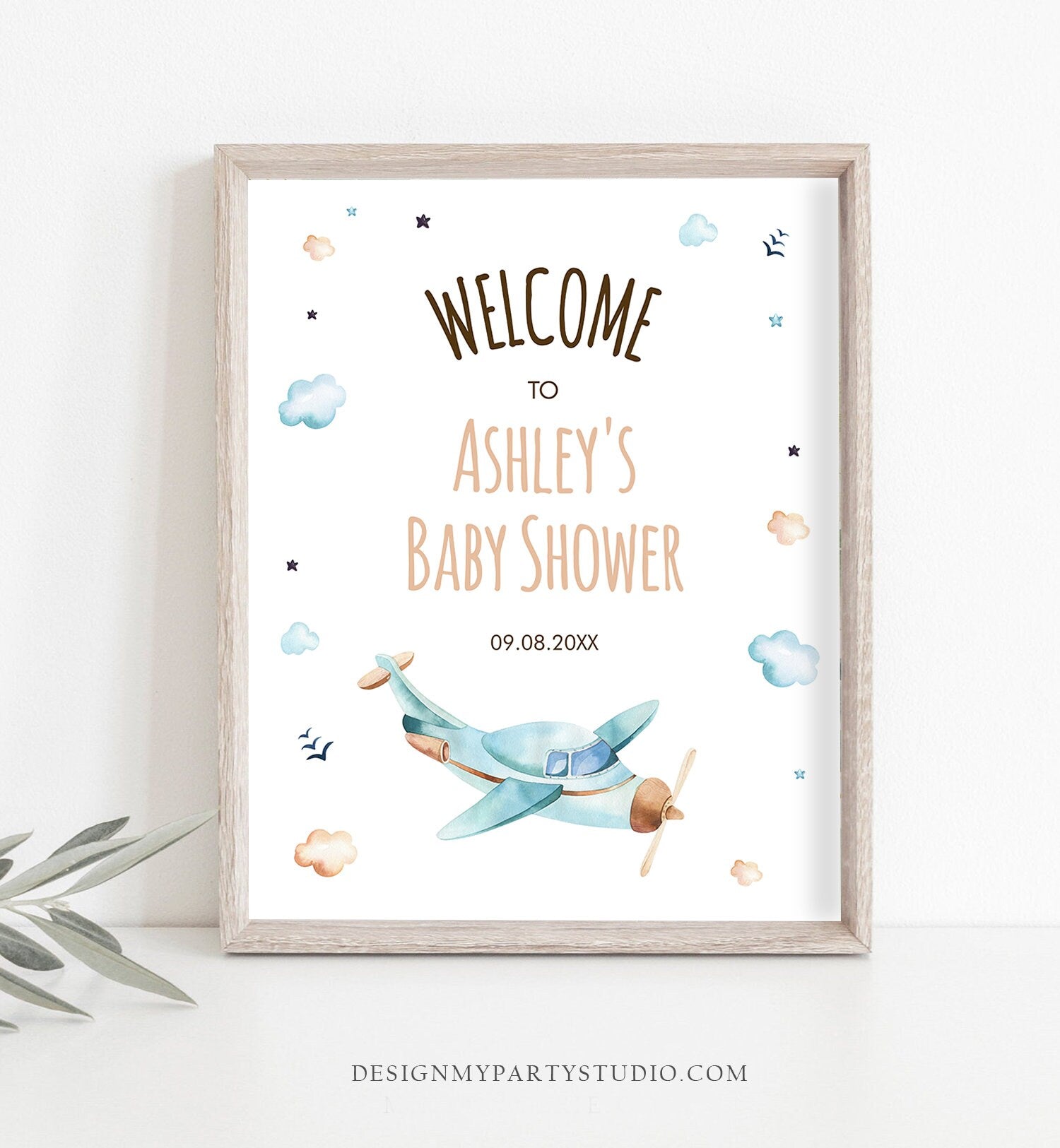 Editable Airplane Welcome Sign Baby Shower Welcome Baby Sprinkle Vintage Blue Airplane Stars Clouds Neutral Corjl Template Printable 0185