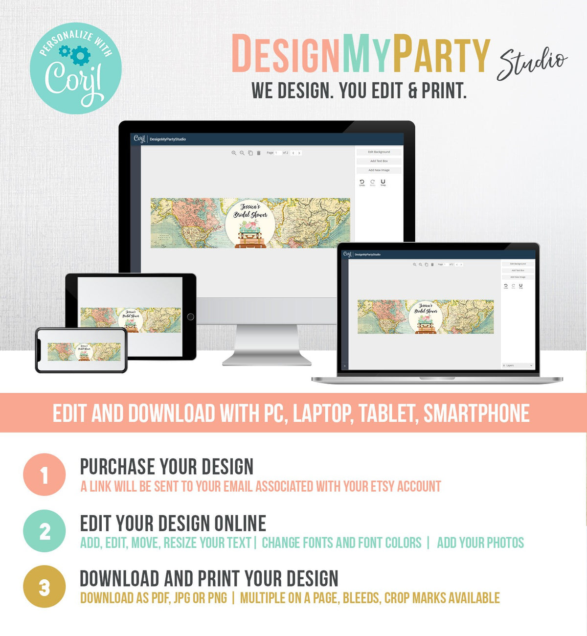 Editable Travel Adventure Water Bottle Label Traveling Suitcases Bridal Shower Baby Shower Map Globe Download Corjl Template PRINTABLE 0044