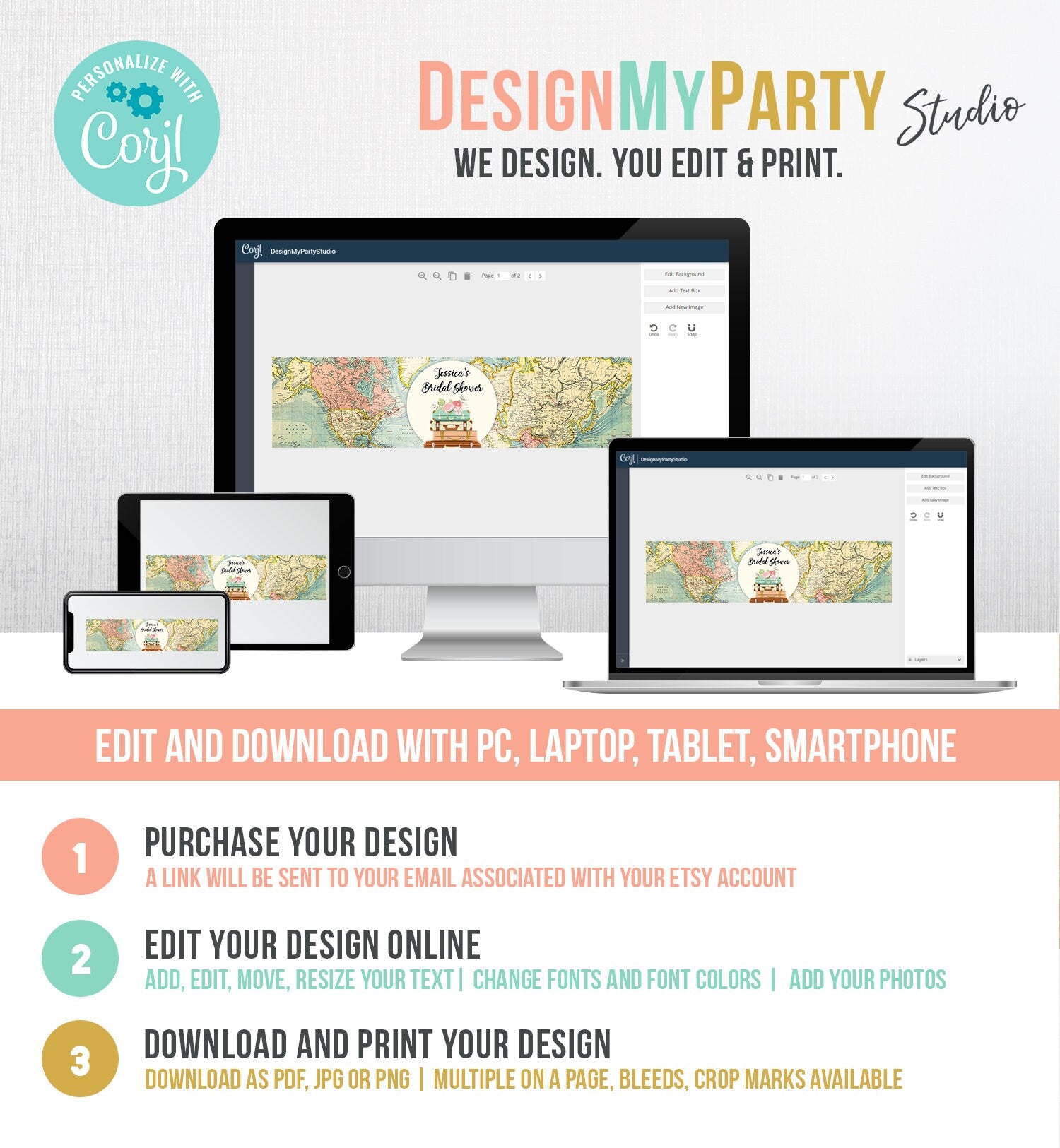 Editable Travel Adventure Water Bottle Label Traveling Suitcases Bridal Shower Baby Shower Map Globe Download Corjl Template PRINTABLE 0044