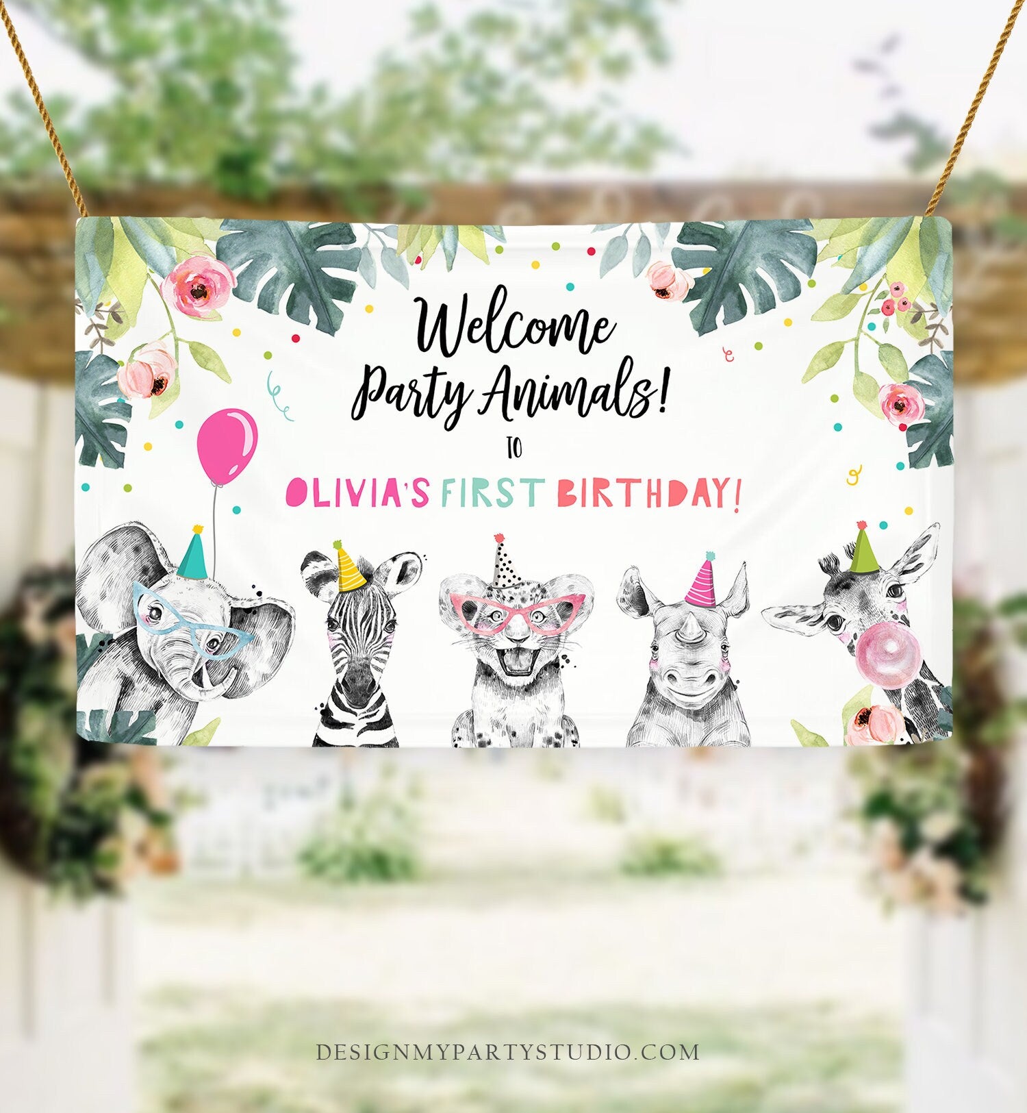 Editable Party Animals Birthday Backdrop Banner Welcome Safari Animals Girl Pink First Birthday Sign Download Corjl Template Printable 0322