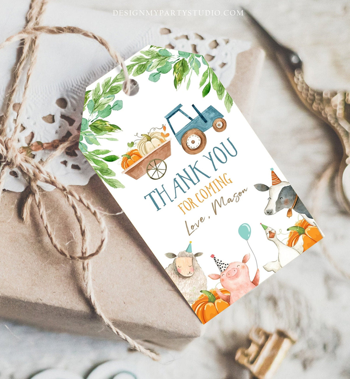 Editable Pumpkin Farm Favor Tags Tags Boy Farm Birthday Thank you tags Barnyard Fall Gift Tags Farm Birthday Digital Template Printable 0155