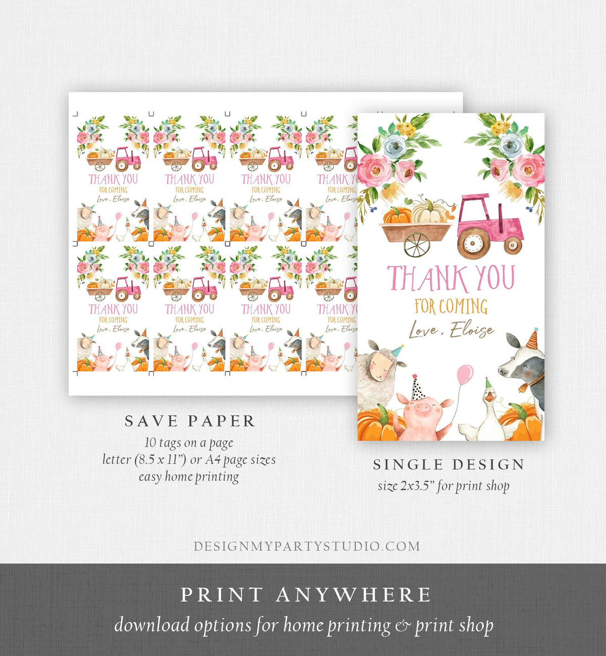 Editable Pumpkin Farm Animals Favor Tag Girl Pink Party Animals Birthday Thank You Gift Tag Fall Digital Download Template Printable 0155