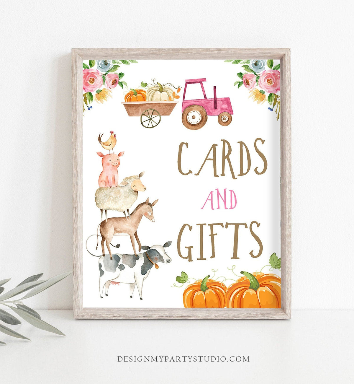 Cards And Gifts Sign Table Decor Pumpkin Farm Animals Birthday Sign Gift Table Party Animals Pink Girl Fall Barnyard Sign Printable 0155