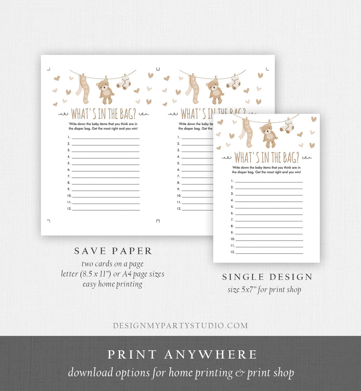 Editable What&#39;s in the Bag Baby Shower Game Teddy Bear Neutral Diaper Bag Guessing Shower Activity Digital Download Template Printable 0025