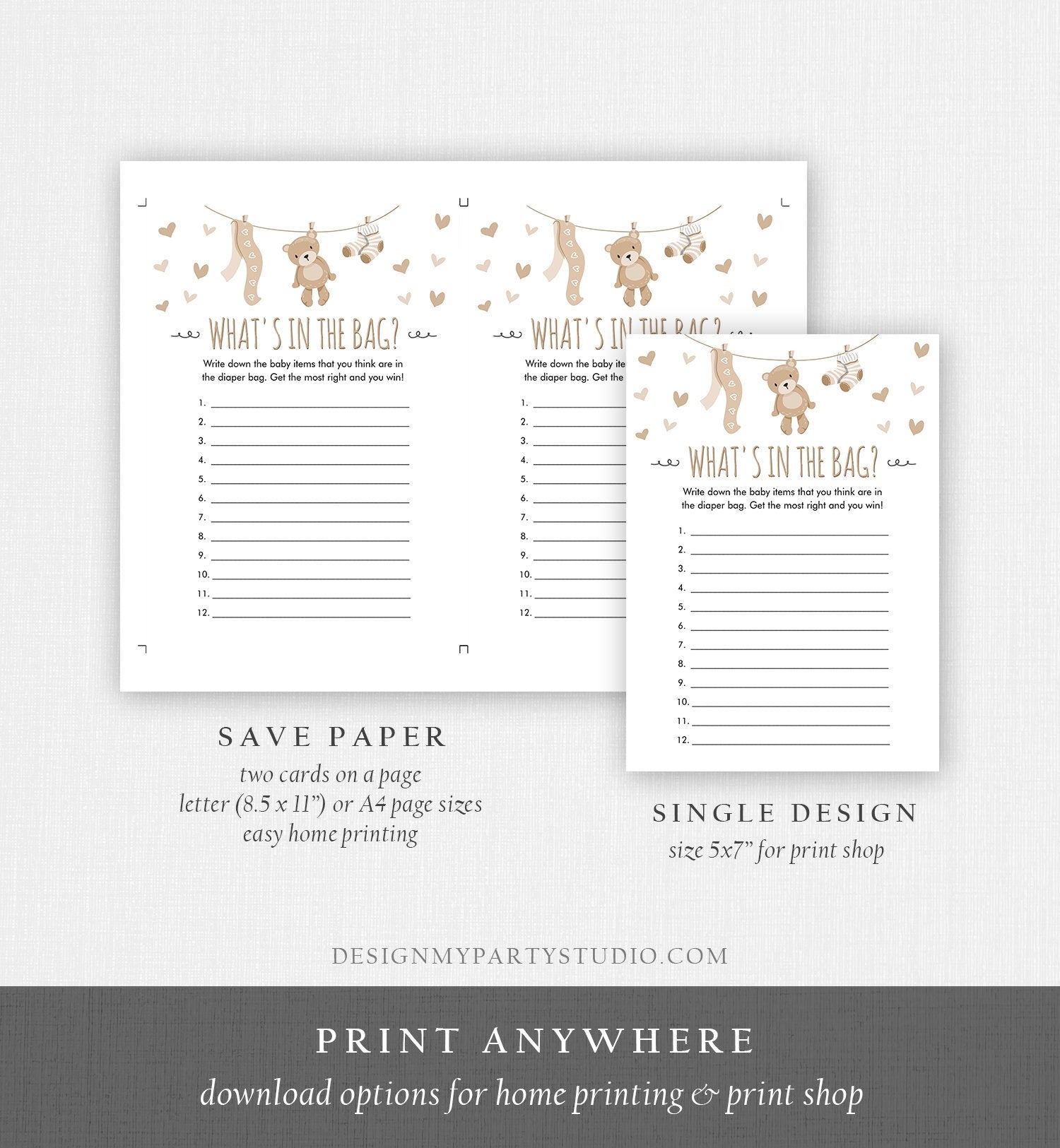 Editable What's in the Bag Baby Shower Game Teddy Bear Neutral Diaper Bag Guessing Shower Activity Digital Download Template Printable 0025