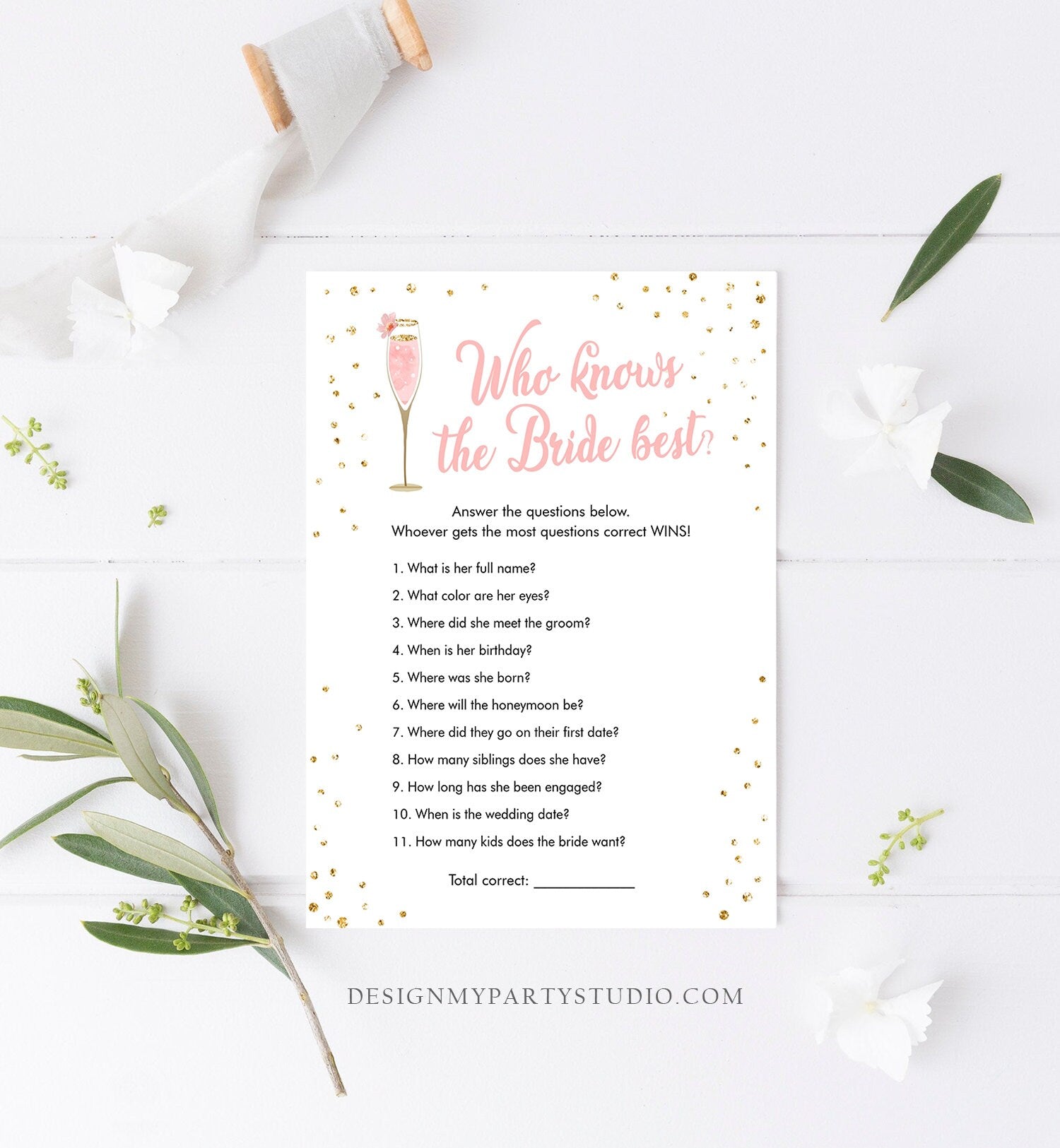 Editable Who Knows the Bride Best Bridal Shower Game Brunch and Bubbly Wedding Shower Activity Pink Gold Corjl Template Printable 0150