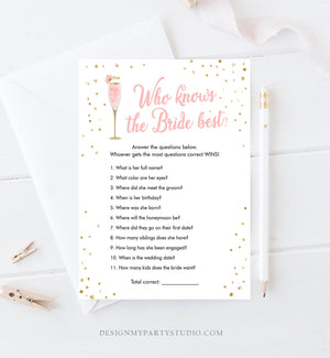 Editable Who Knows the Bride Best Bridal Shower Game Brunch and Bubbly Wedding Shower Activity Pink Gold Corjl Template Printable 0150