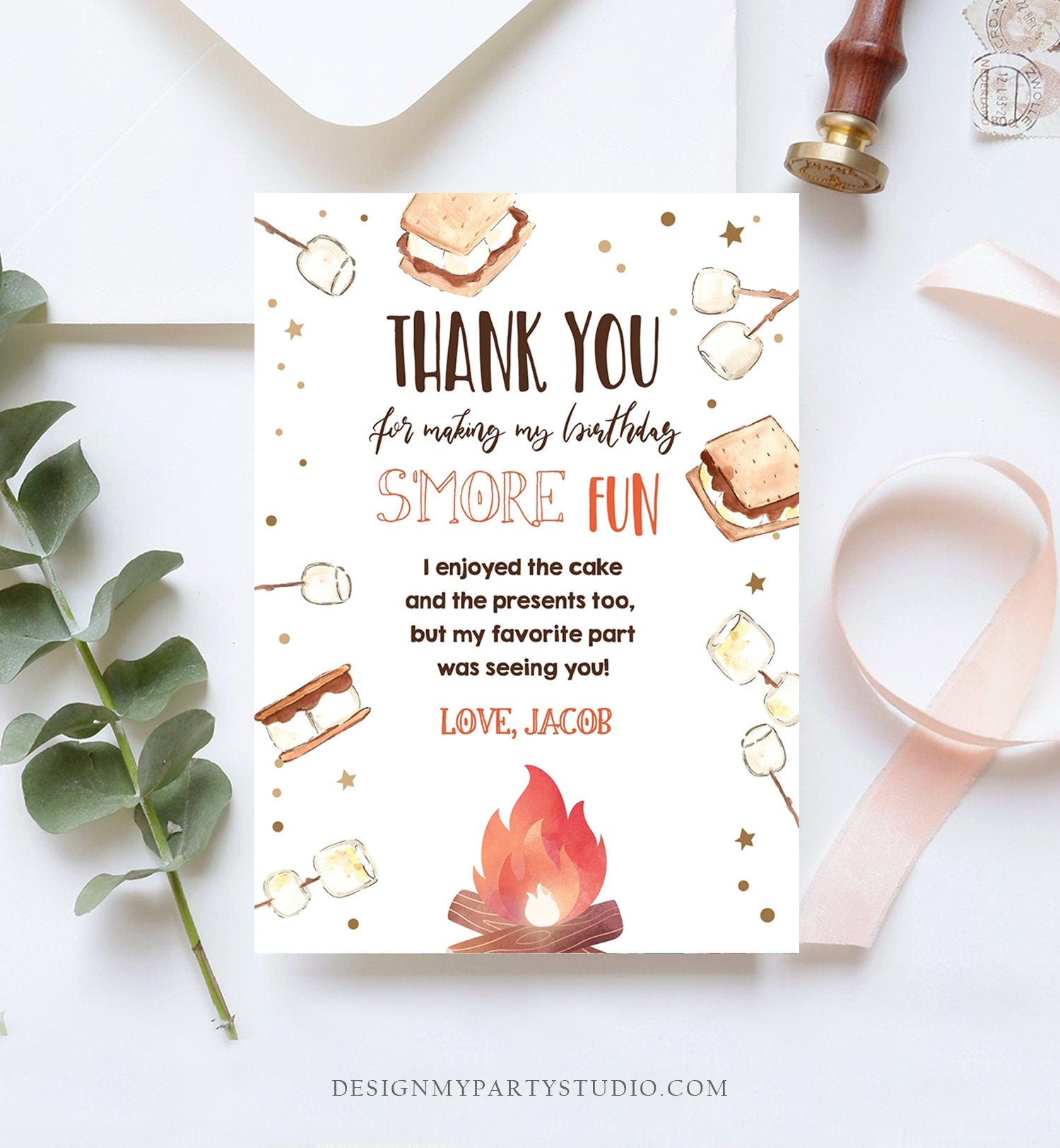 Editable S'more Thank You Card Birthday Smore Fun With You Thank You Rustic Camping Fall Autumn Digital Download Template Printable 0179