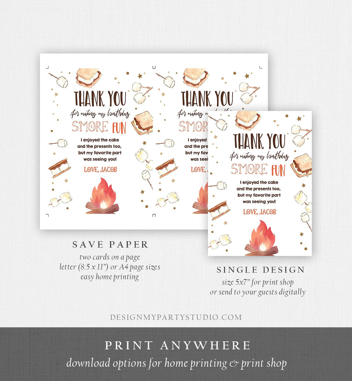 Editable S&#39;more Thank You Card Birthday Smore Fun With You Thank You Rustic Camping Fall Autumn Digital Download Template Printable 0179