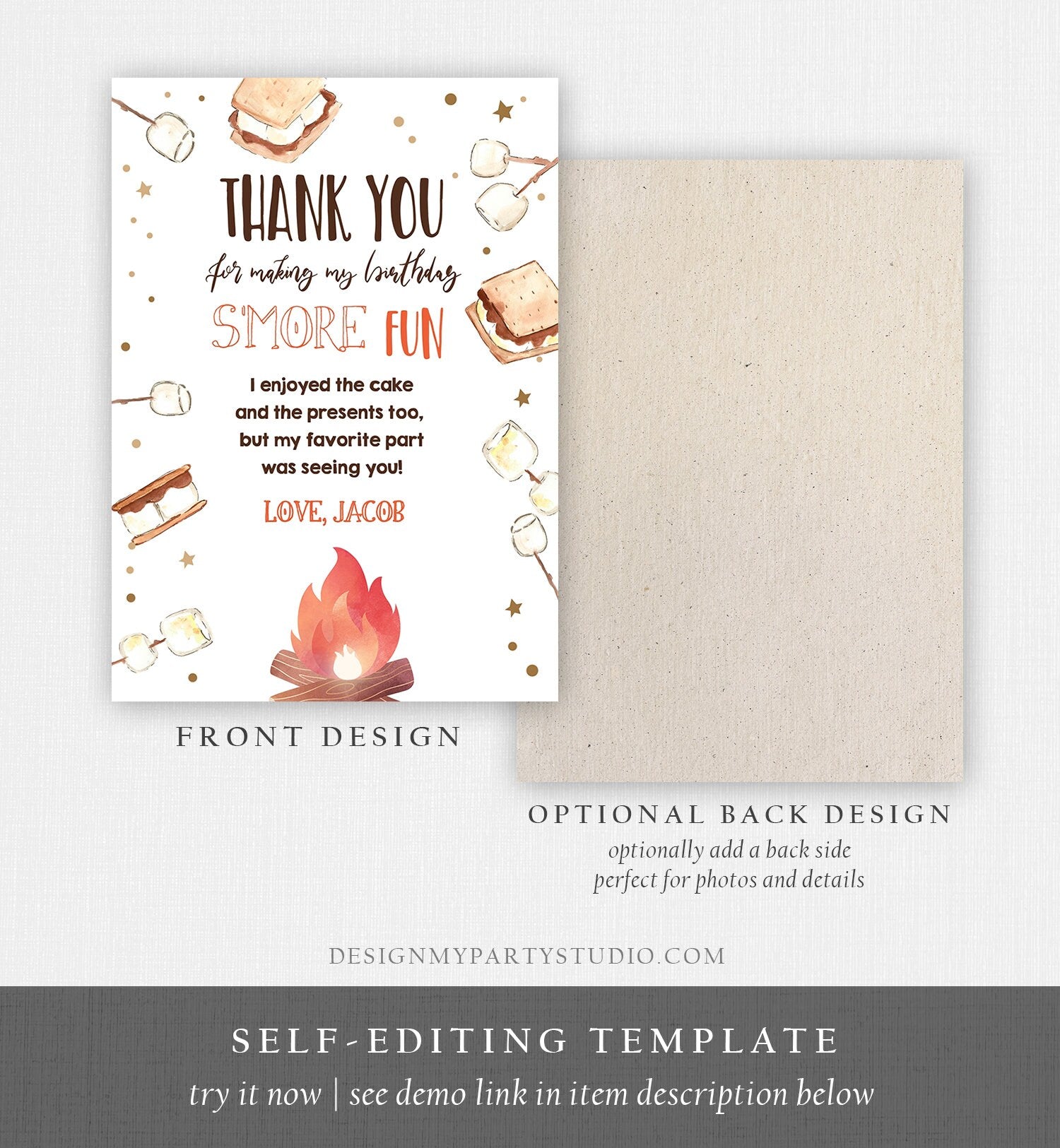 Editable S'more Thank You Card Birthday Smore Fun With You Thank You Rustic Camping Fall Autumn Digital Download Template Printable 0179