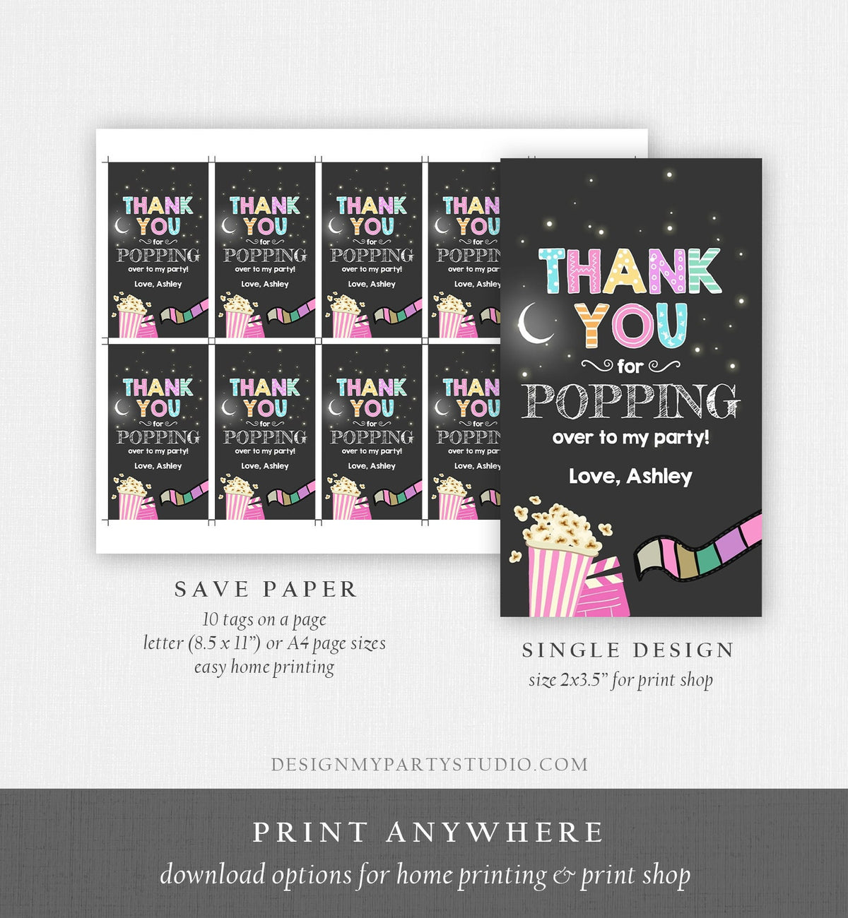 Editable Movie Night Favor Tag Thank You Gift Tag Cinema Under The Stars Popcorn Backyard Party Digital Download Template Printable 0042