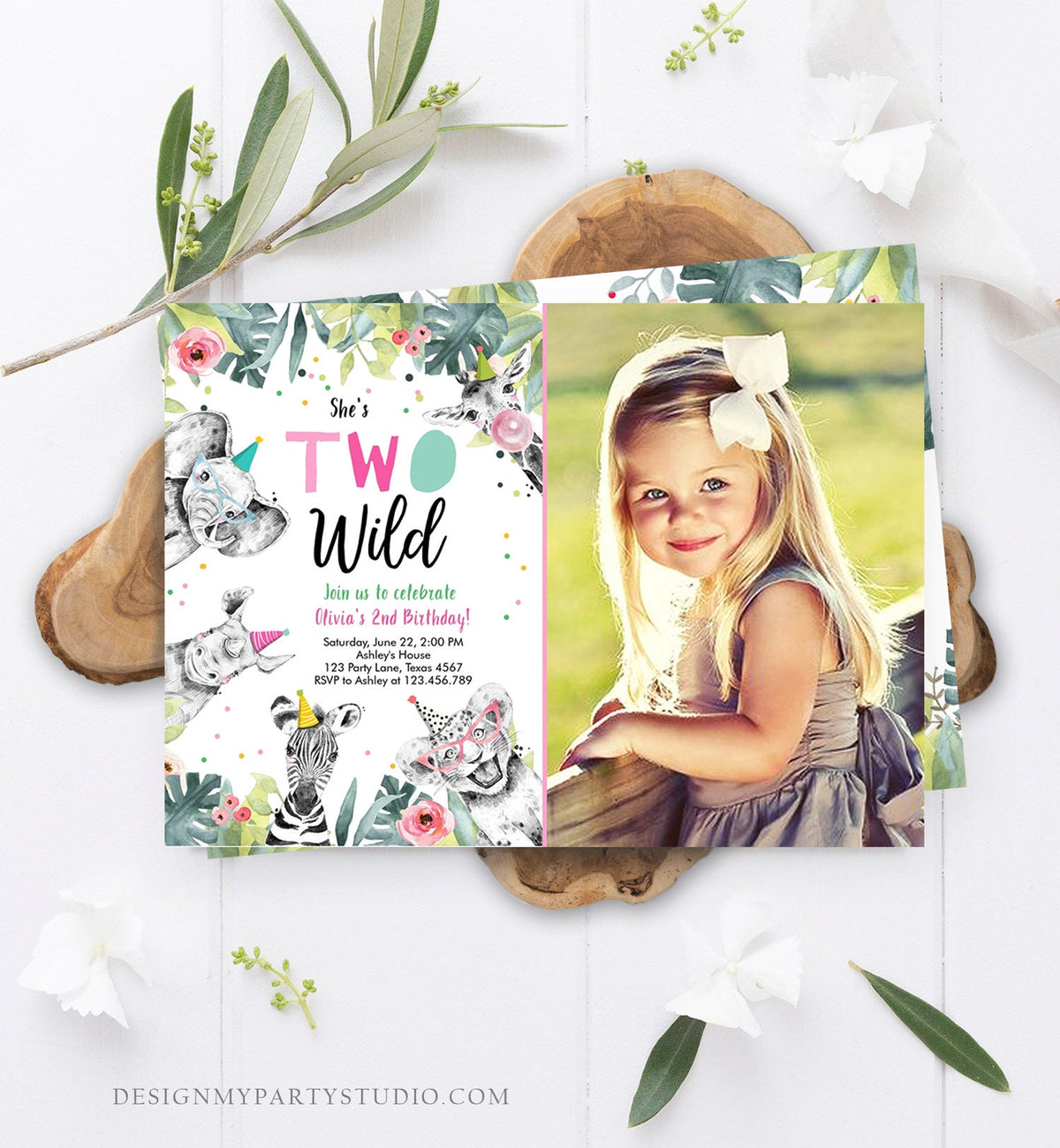 Editable Two Wild Birthday Invitation Girl Second 2nd Safari Animals Pink Party Animals Zoo Digital Download Evite Template Printable 0322