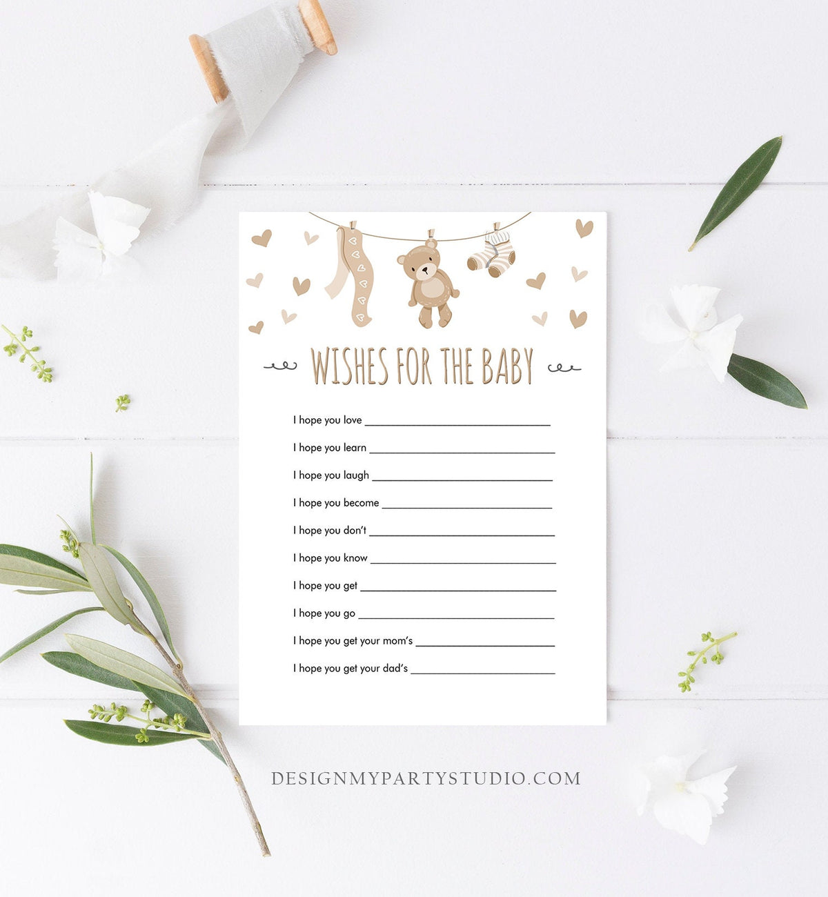 Editable Wishes for Baby Baby Shower Game Teddy Bear Neutral Diaper Advice Card Shower Activity Digital Download Template Printable 0025