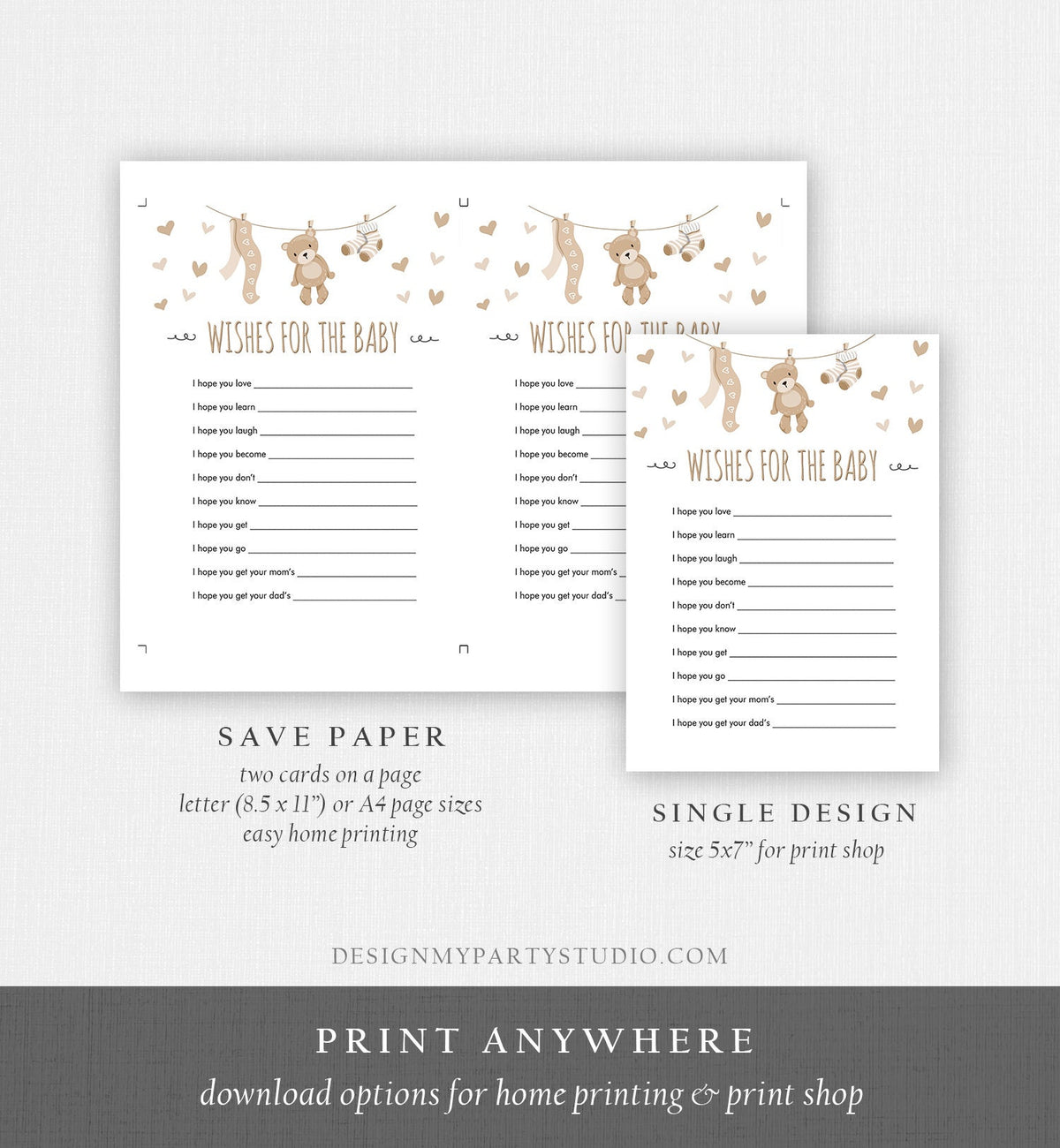 Editable Wishes for Baby Baby Shower Game Teddy Bear Neutral Diaper Advice Card Shower Activity Digital Download Template Printable 0025