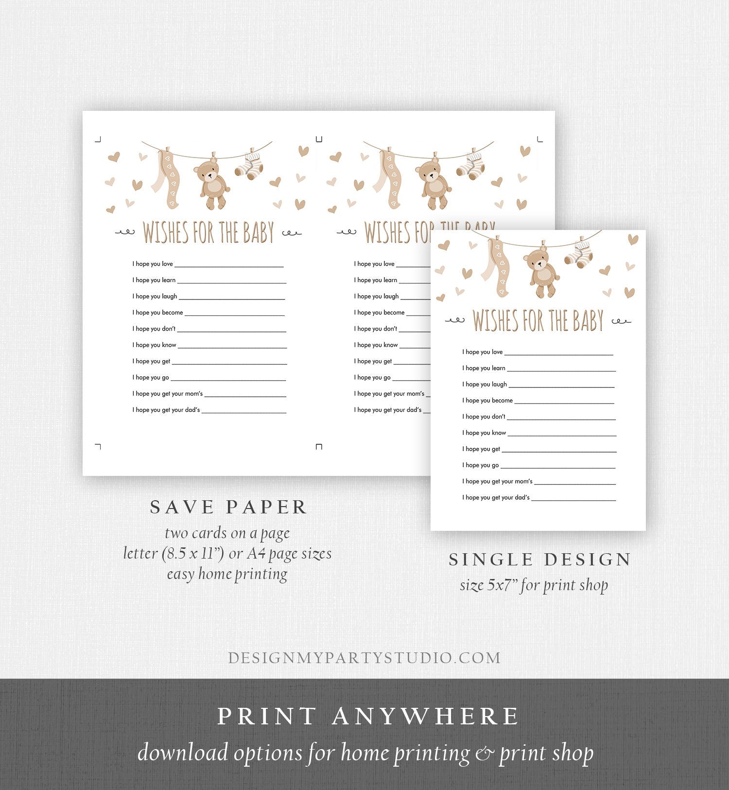 Editable Wishes for Baby Baby Shower Game Teddy Bear Neutral Diaper Advice Card Shower Activity Digital Download Template Printable 0025